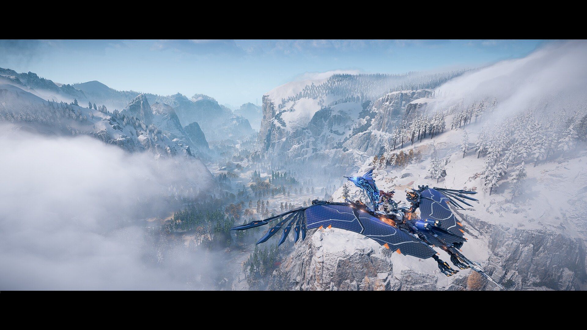 Aloy flies above a snowy mountain on a machine.