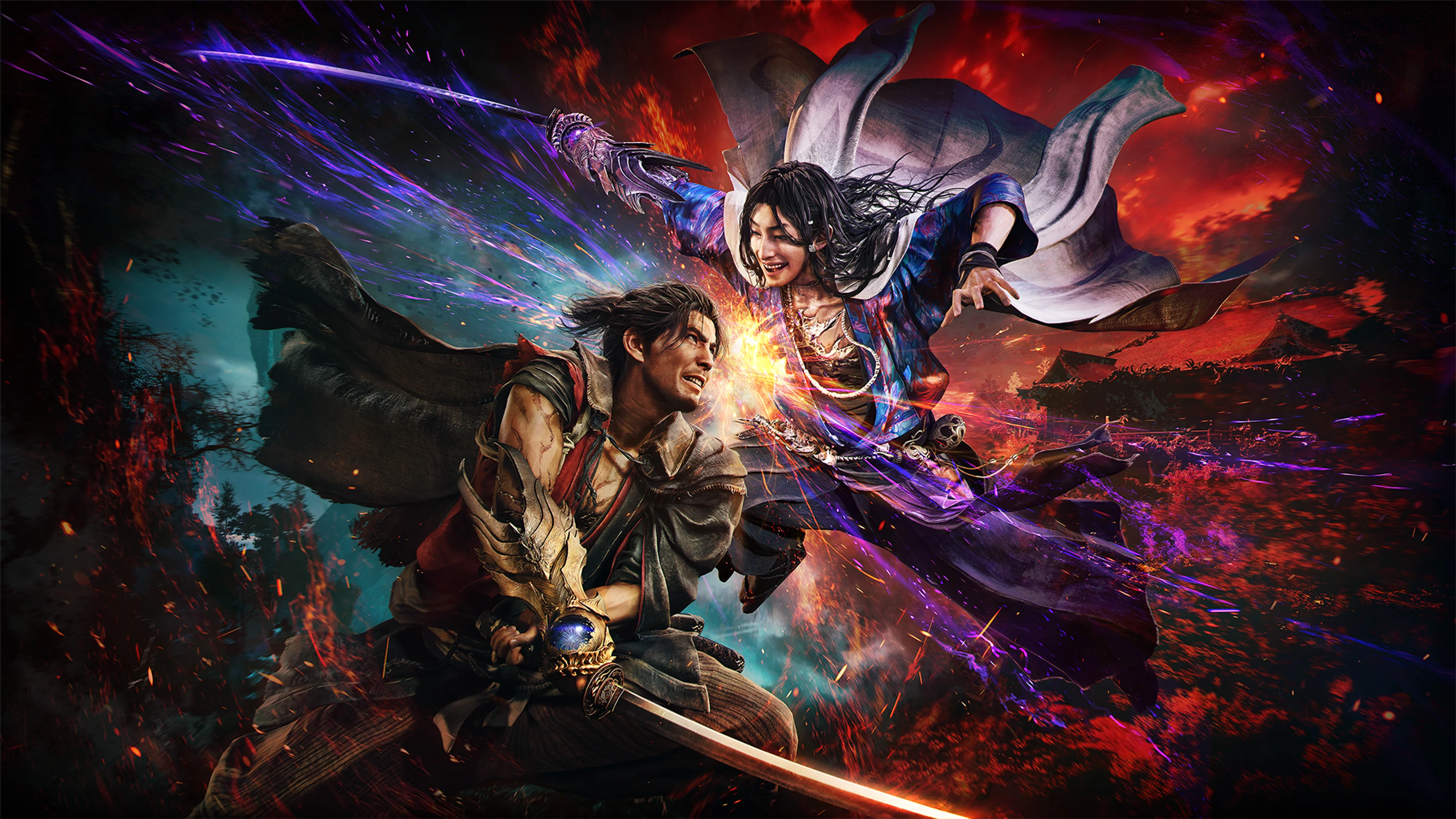 Miyamoto Musashi and an ally fight supernatural enemies in official Onimusha: Way of the Sword artwork.