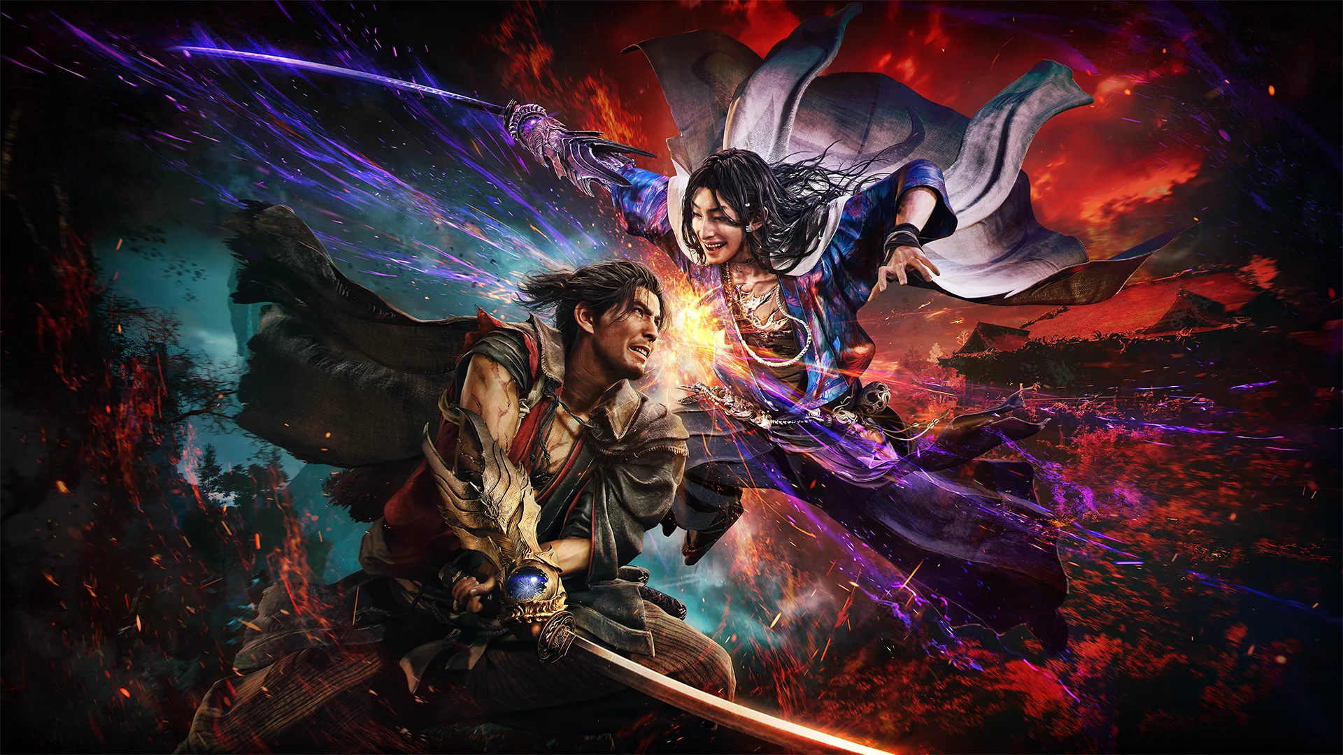 Miyamoto Musashi and an ally fight supernatural enemies in official Onimusha: Way of the Sword artwork.