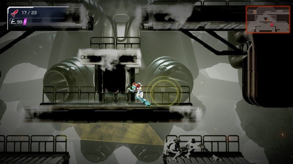 Samus runs through a grey industrial corridor with a map in the top-right corner.