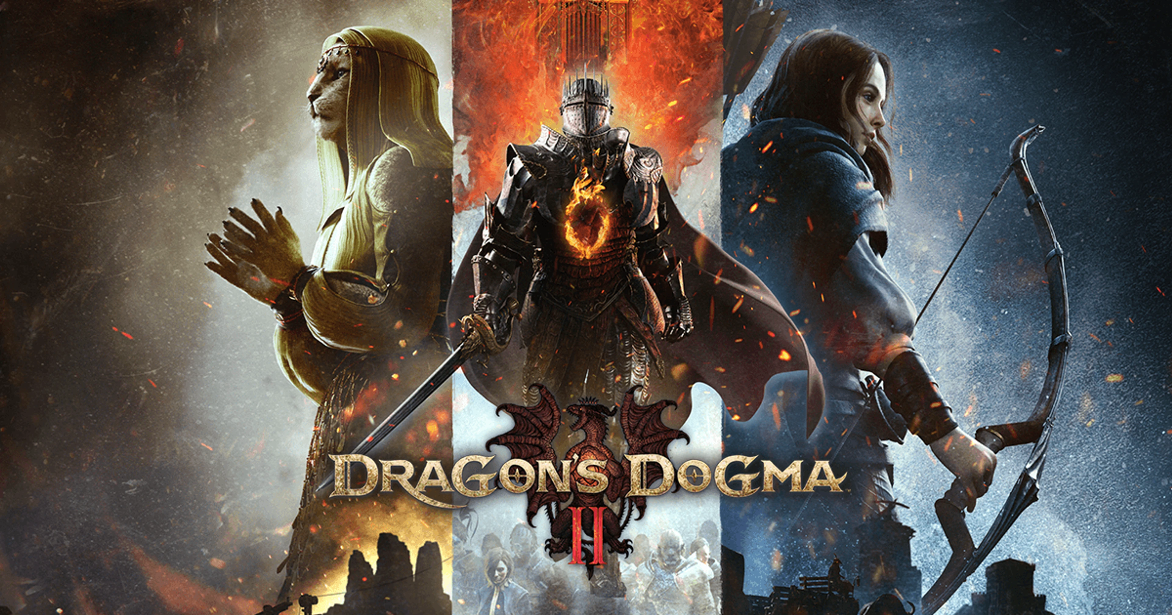 The Arisen stands between Ulrika and Nadinia beneath the Dragon’s Dogma 2 logo.
