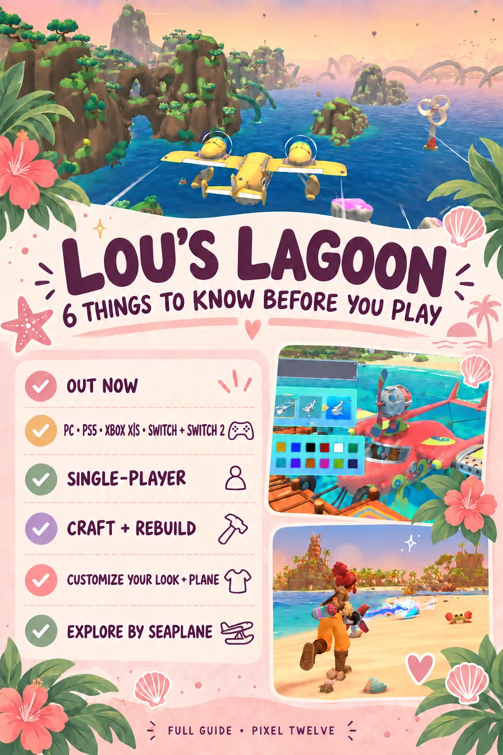 Lou’s Lagoon infographic showing supported platforms, single-player exploration, crafting, rebuilding, character and plane customization, and seaplane travel.