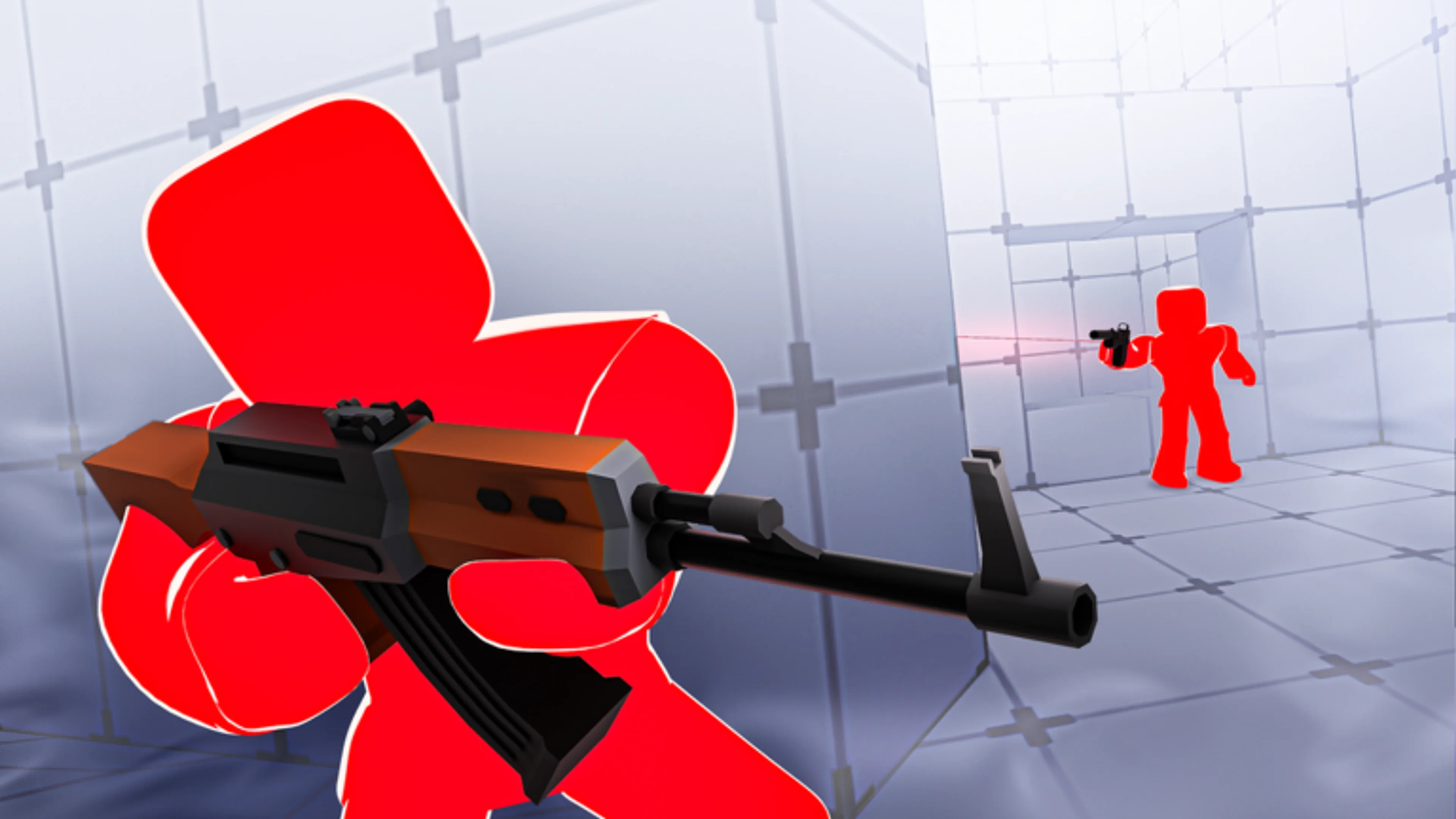 A red RIVALS fighter holds an Assault Rifle beside a wall while an opponent aims from the next corridor.
