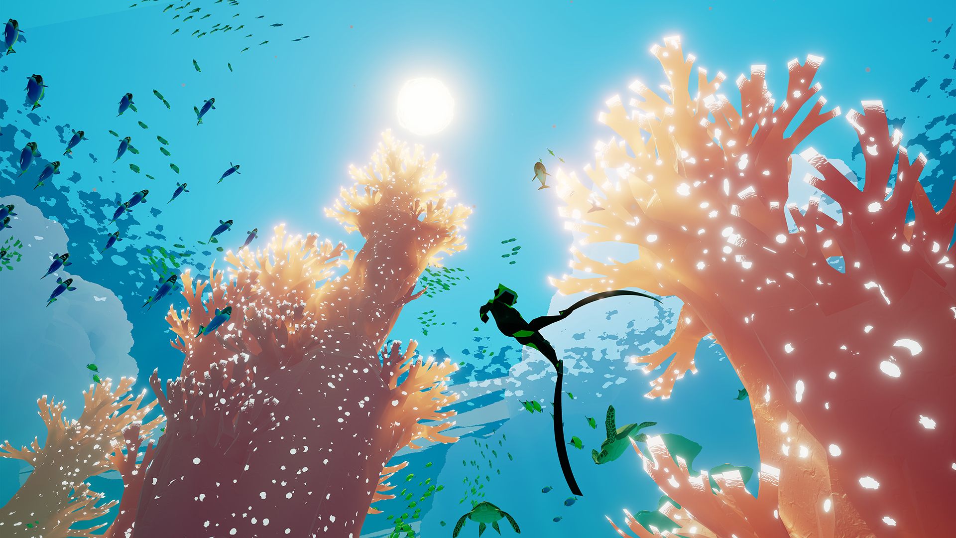 The diver swims between tall coral structures near the sunlit surface in ABZÛ.