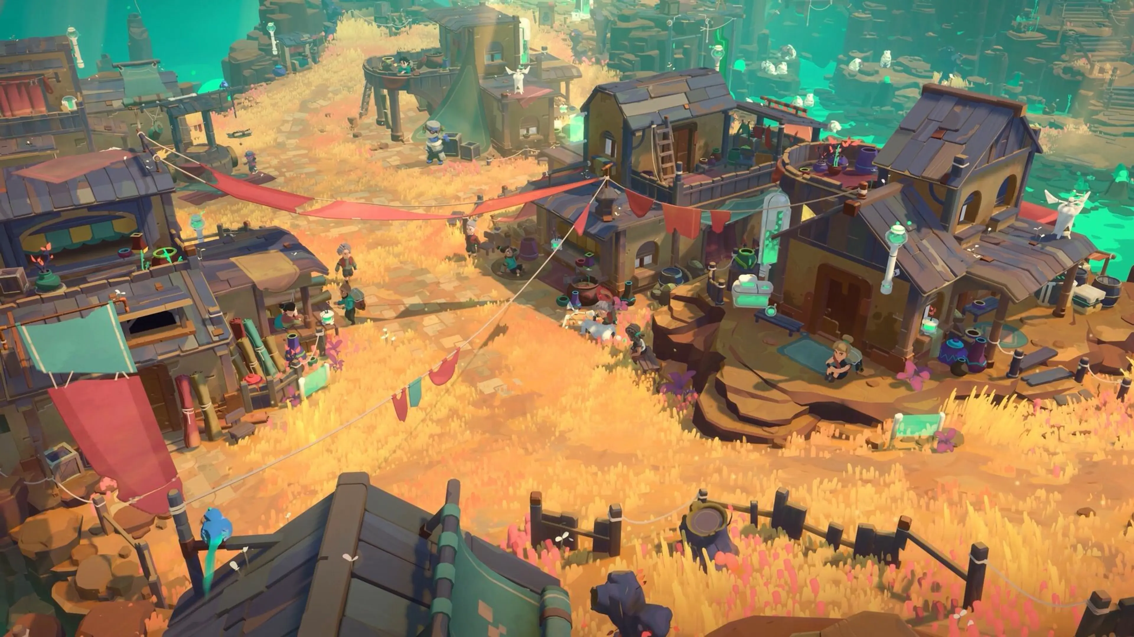 The colorful town of Tresna spreads across sunlit cliffs with shops, residents, and red awnings.