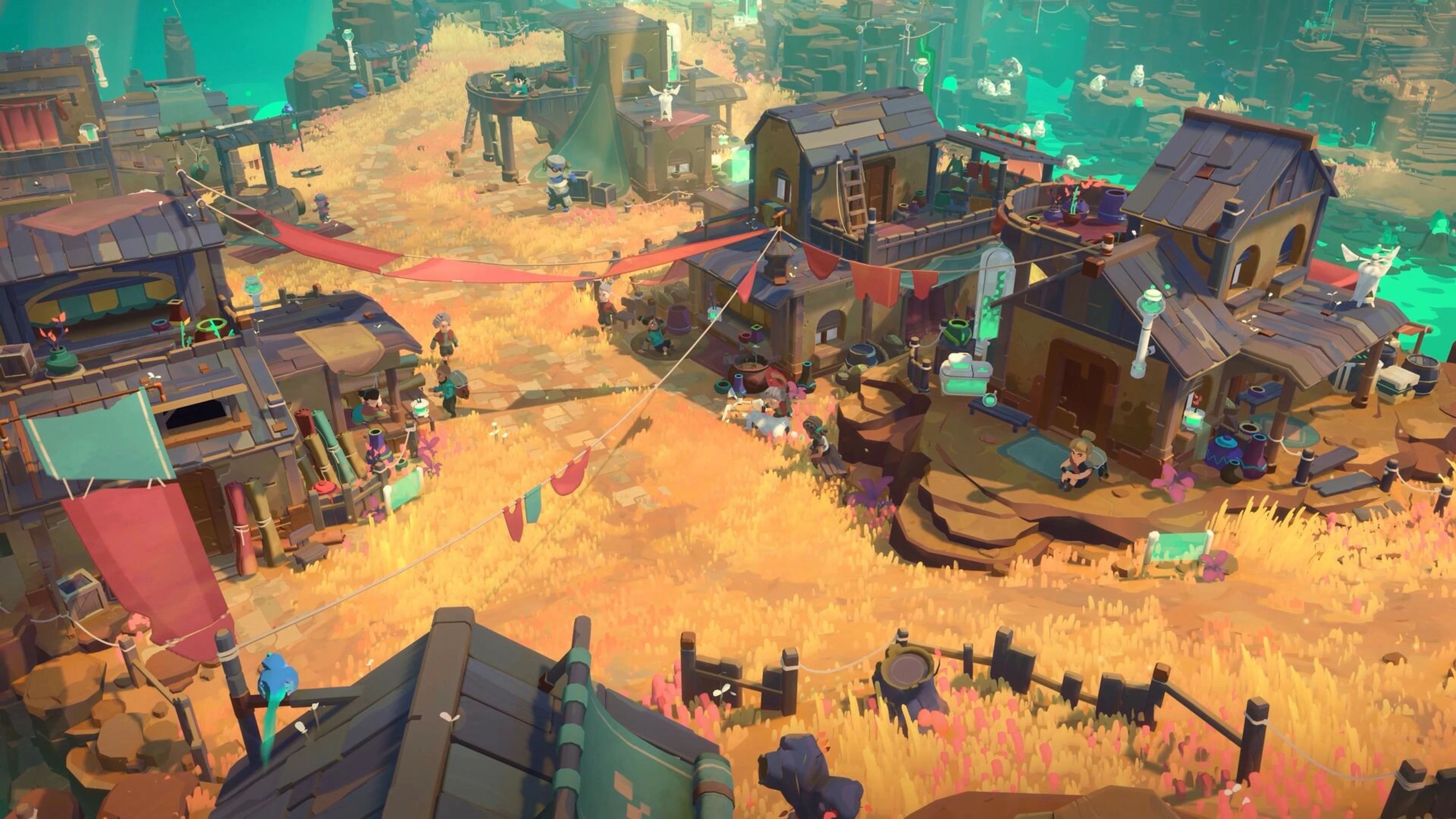 The colorful town of Tresna spreads across sunlit cliffs with shops, residents, and red awnings.