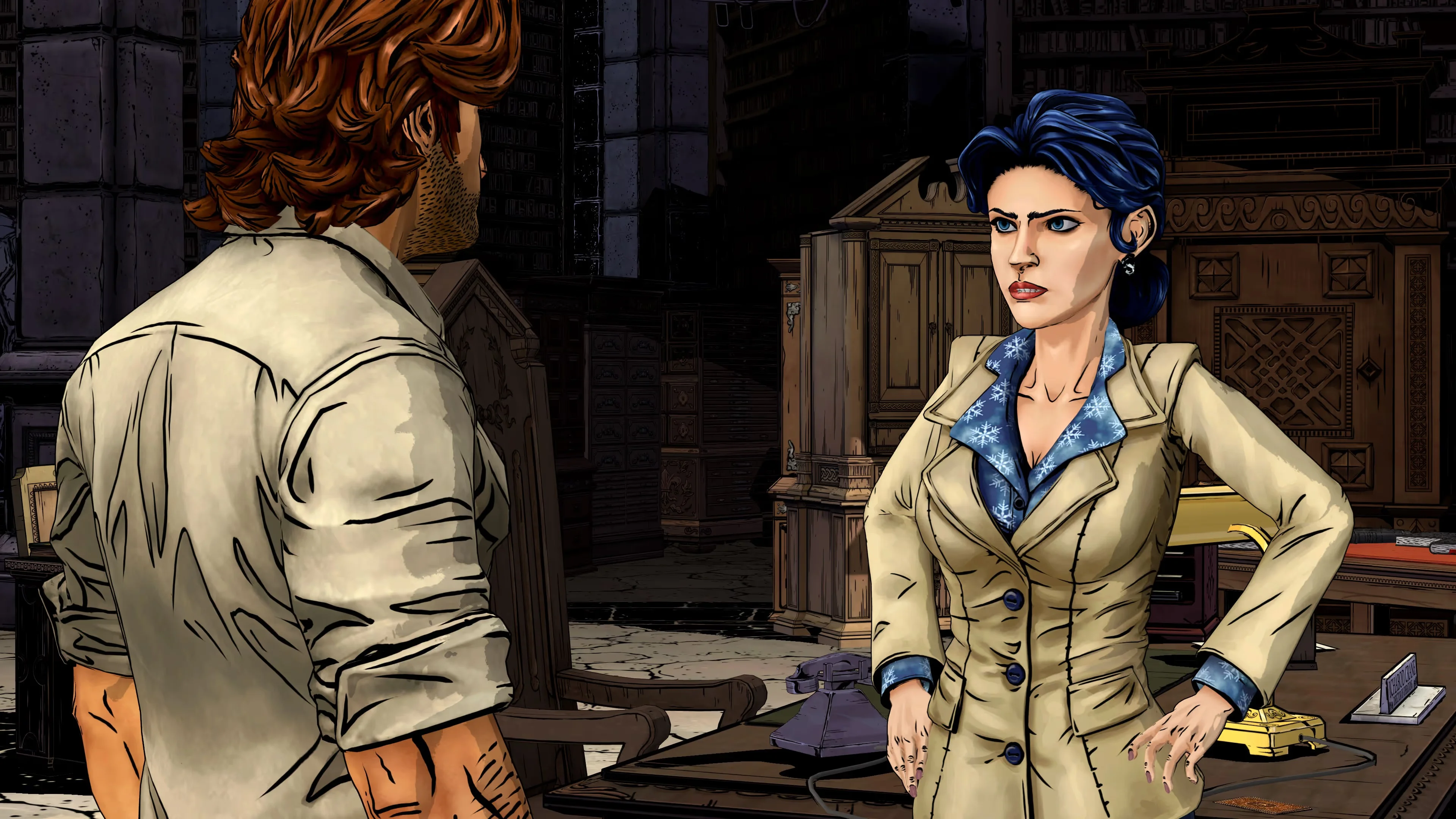 Bigby Wolf stands with Snow White in a dark library scene from The Wolf Among Us Remastered.