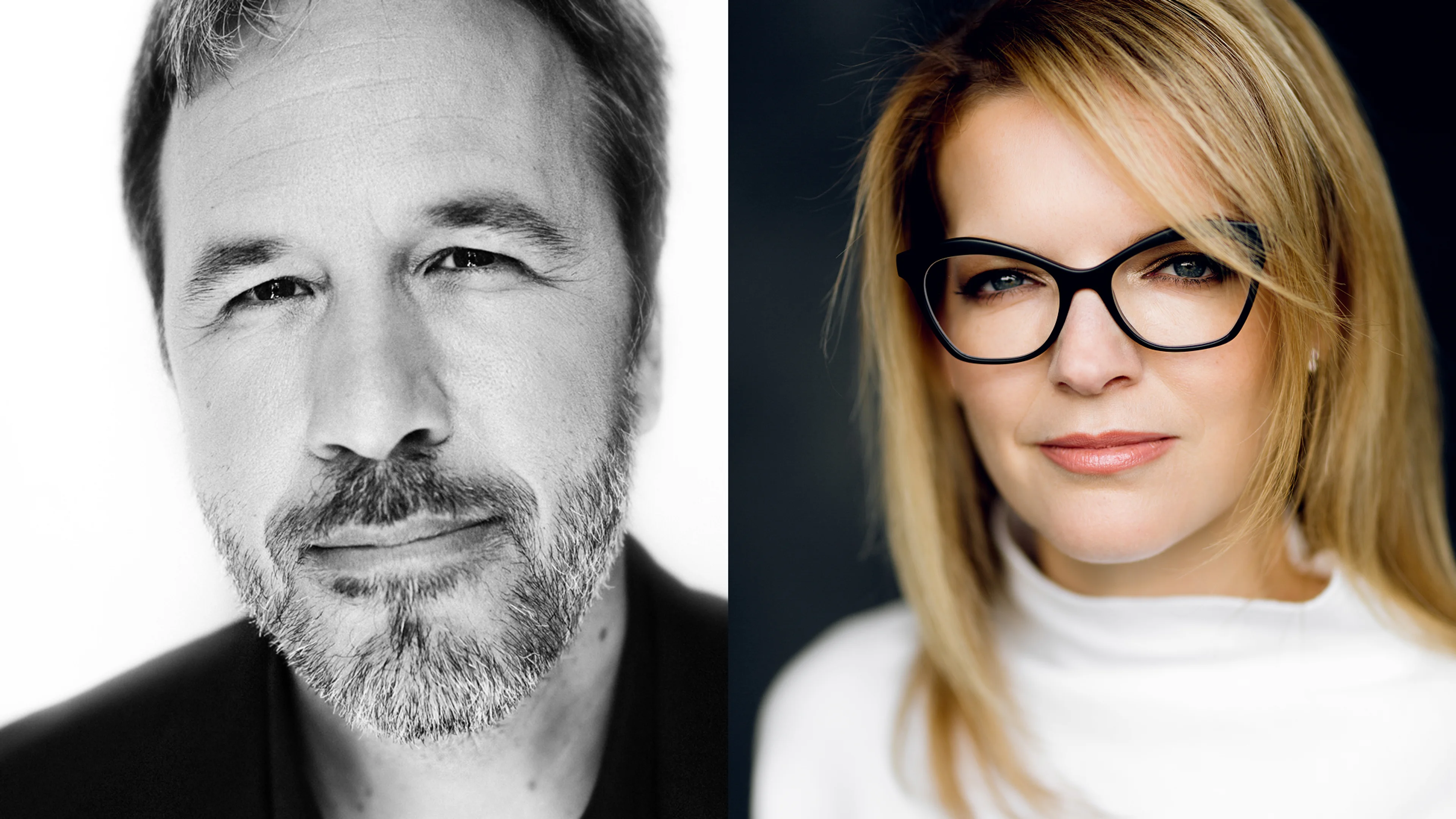 Black-and-white portrait of Denis Villeneuve beside a color portrait of Tanya Lapointe.