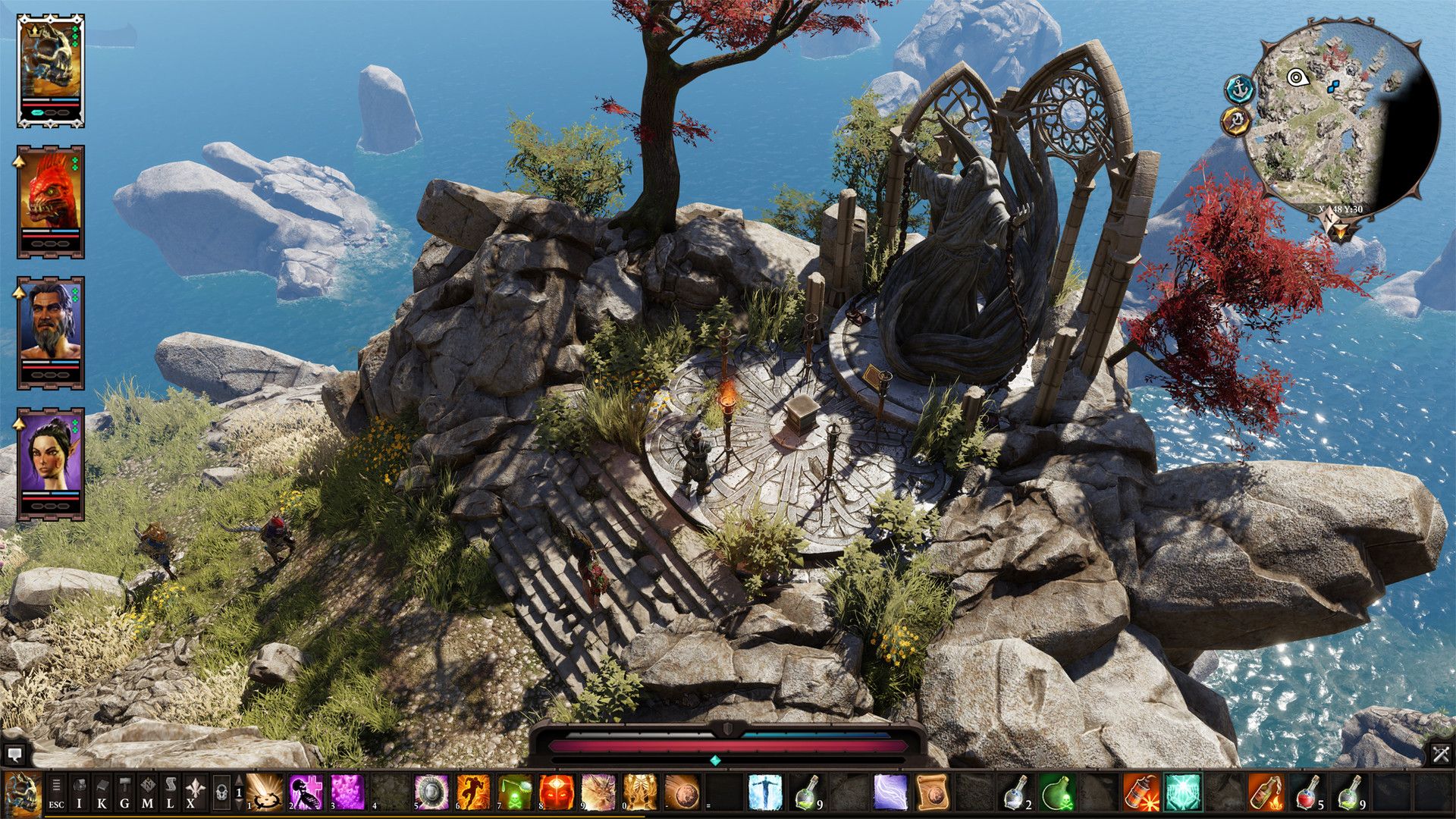 Four party portraits appear at left as heroes battle on a rocky cliff.