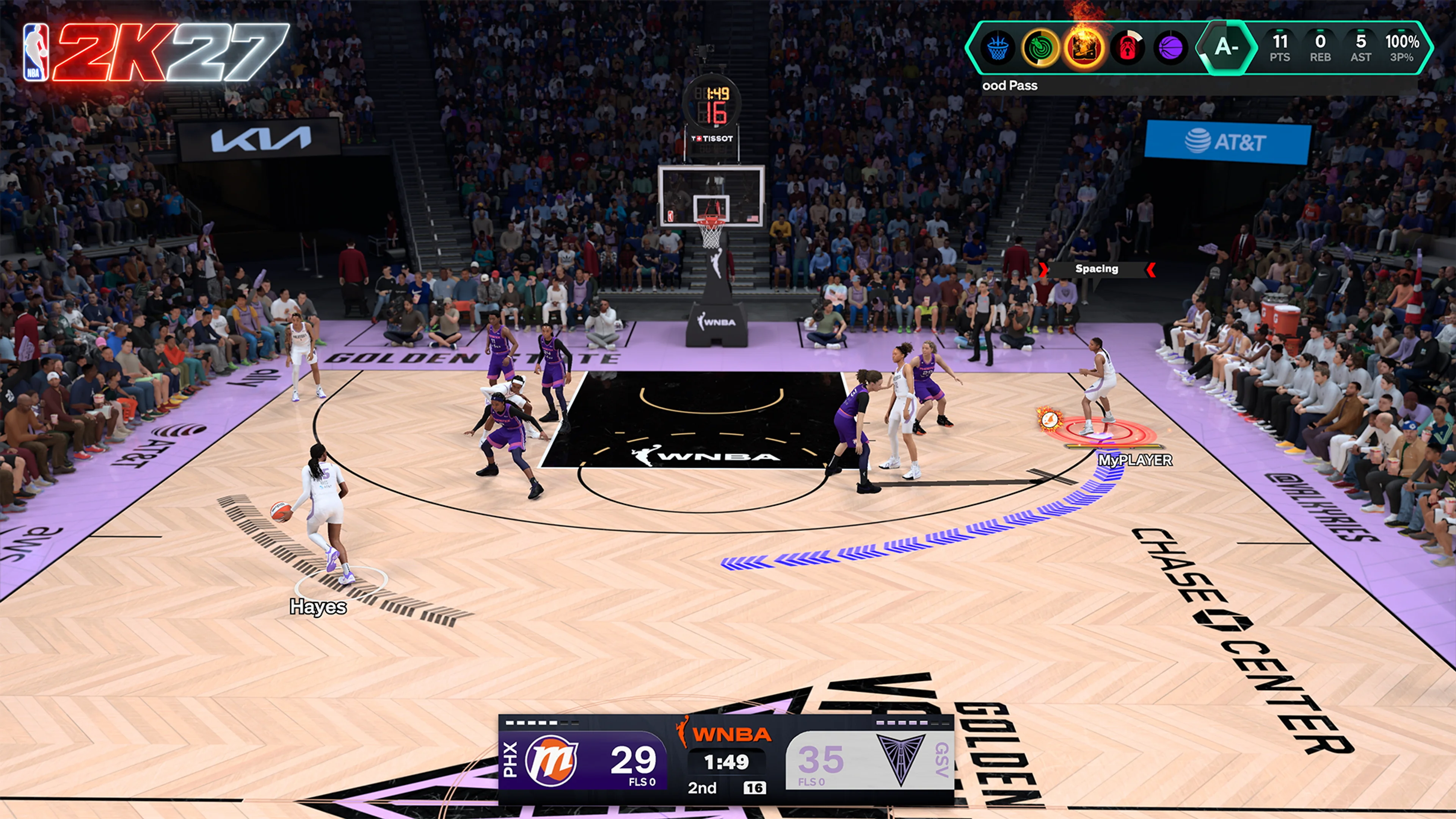 The W PlayVision interface marks a passing route during a WNBA game in NBA 2K27.