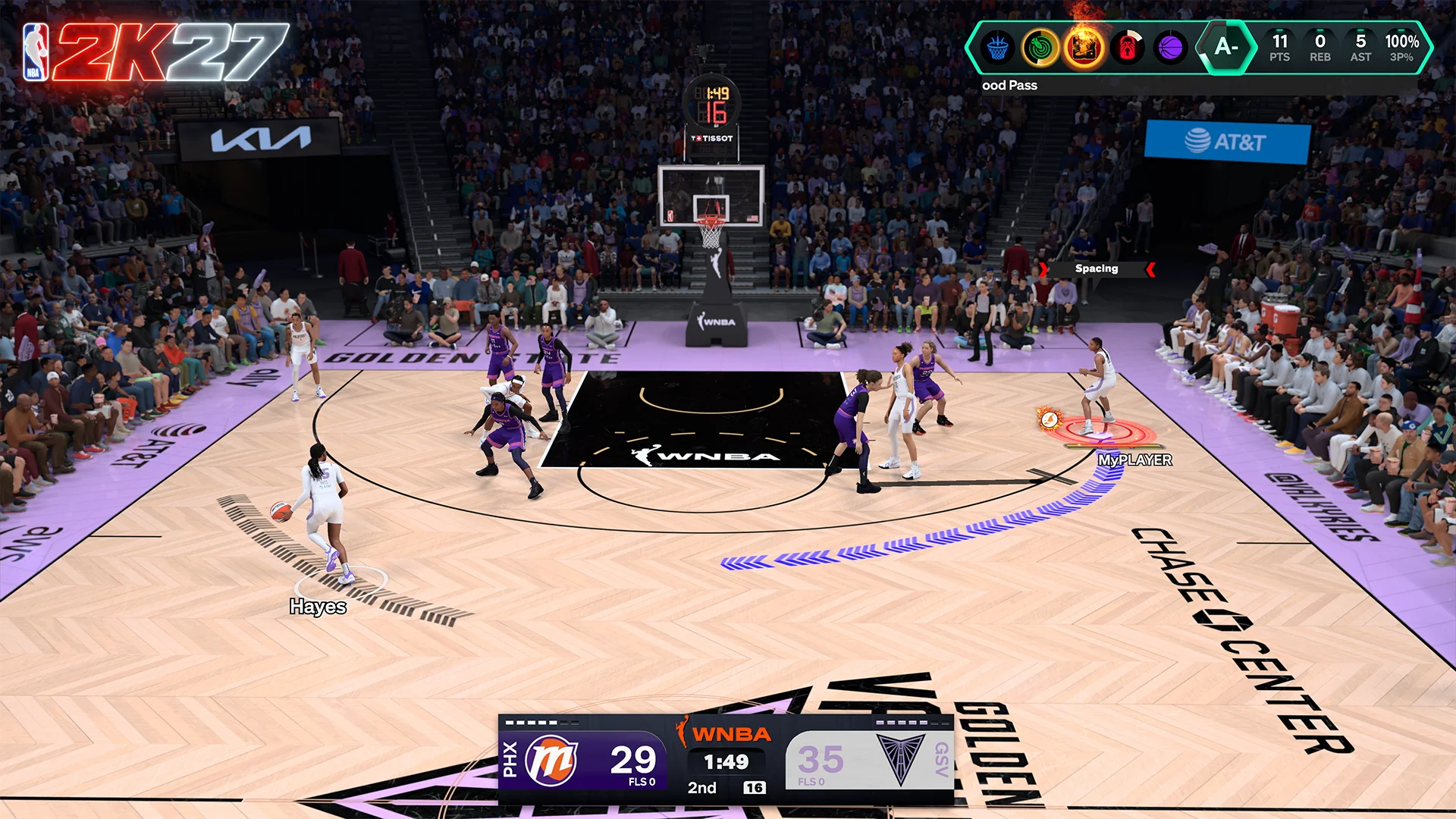 The W PlayVision interface marks a passing route during a WNBA game in NBA 2K27.
