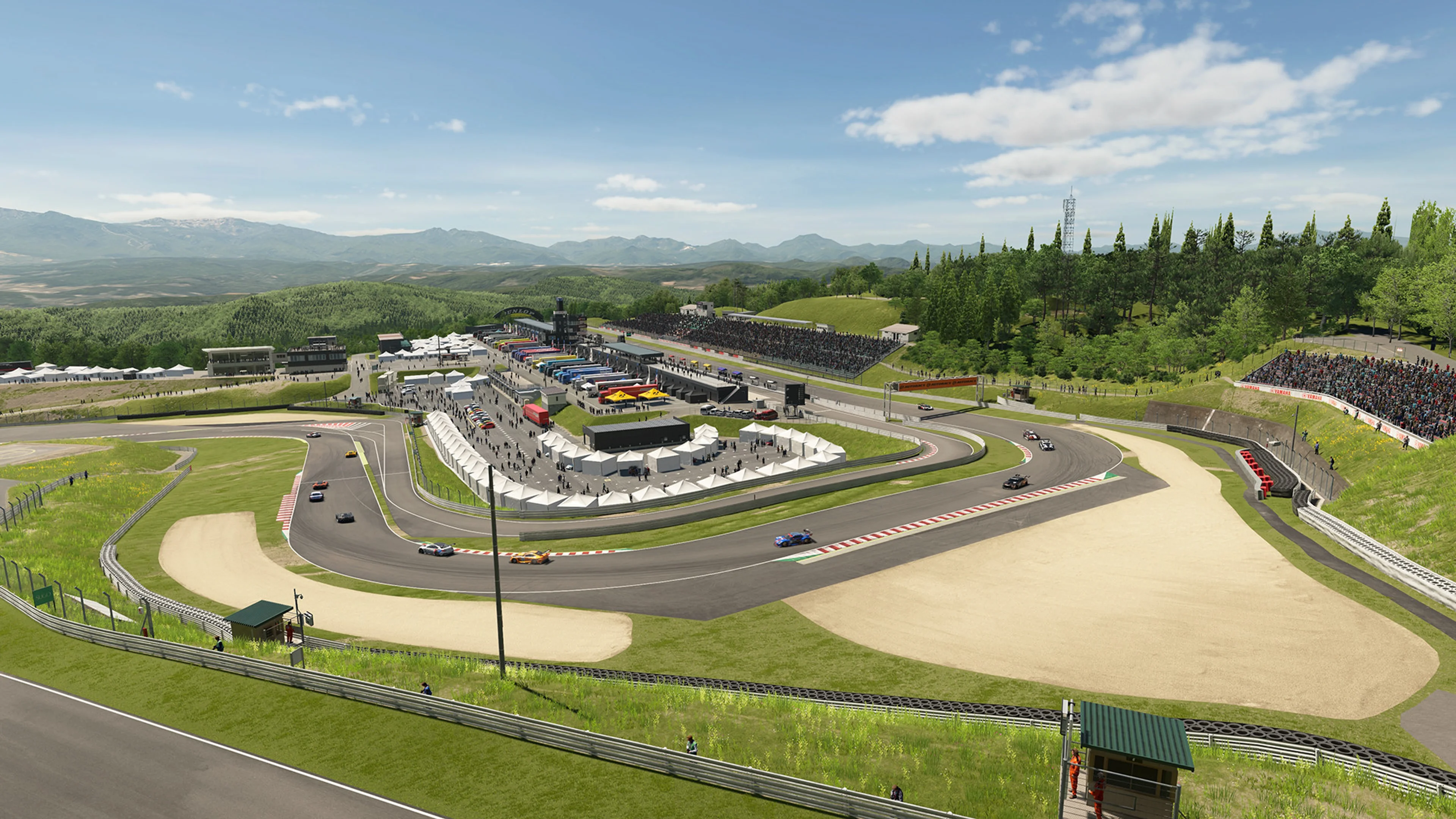 Cars race through the elevation changes at Sportsland SUGO in Gran Turismo 7.