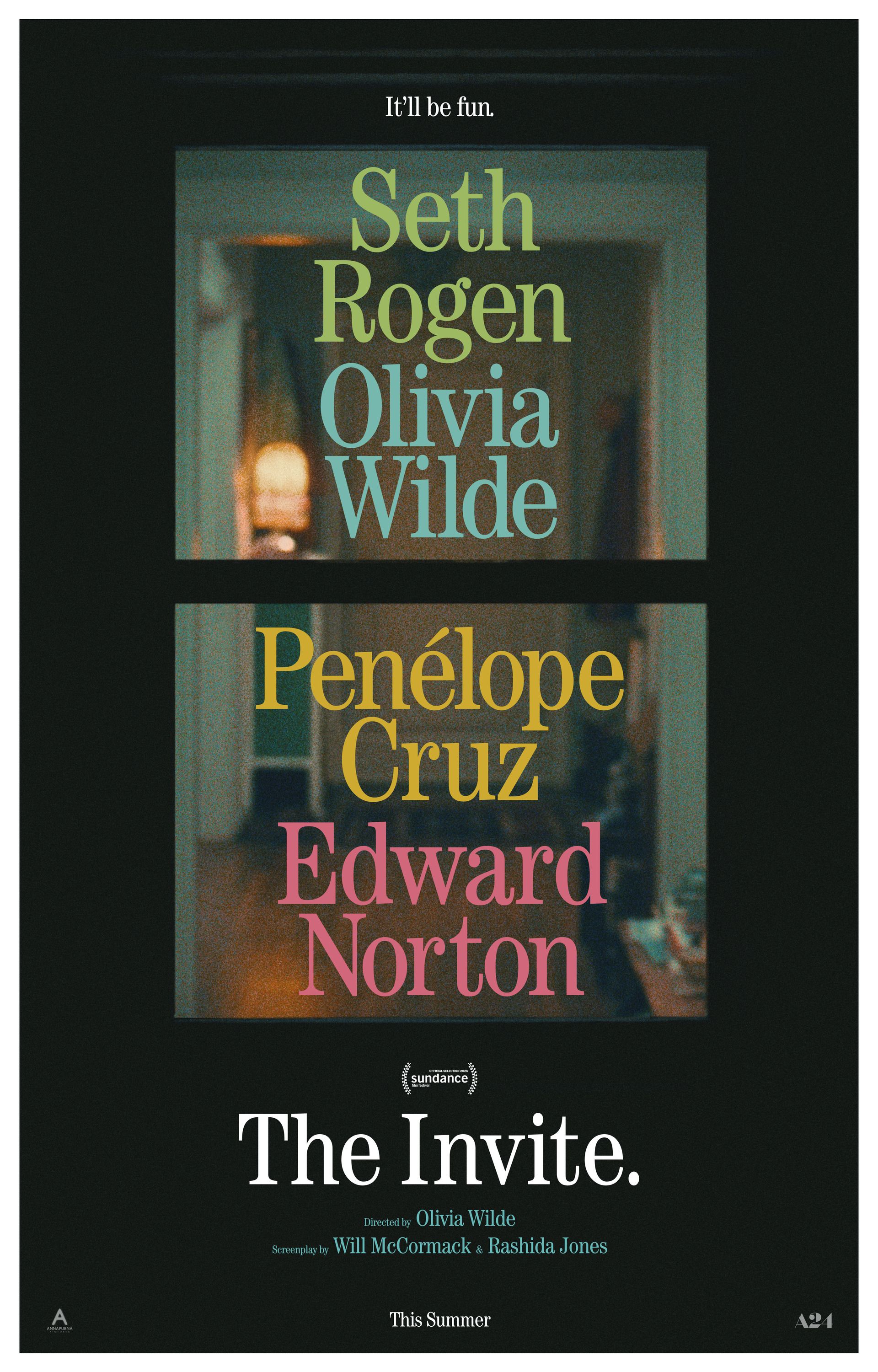 Official The Invite poster with the four lead actors’ names on an apartment window.