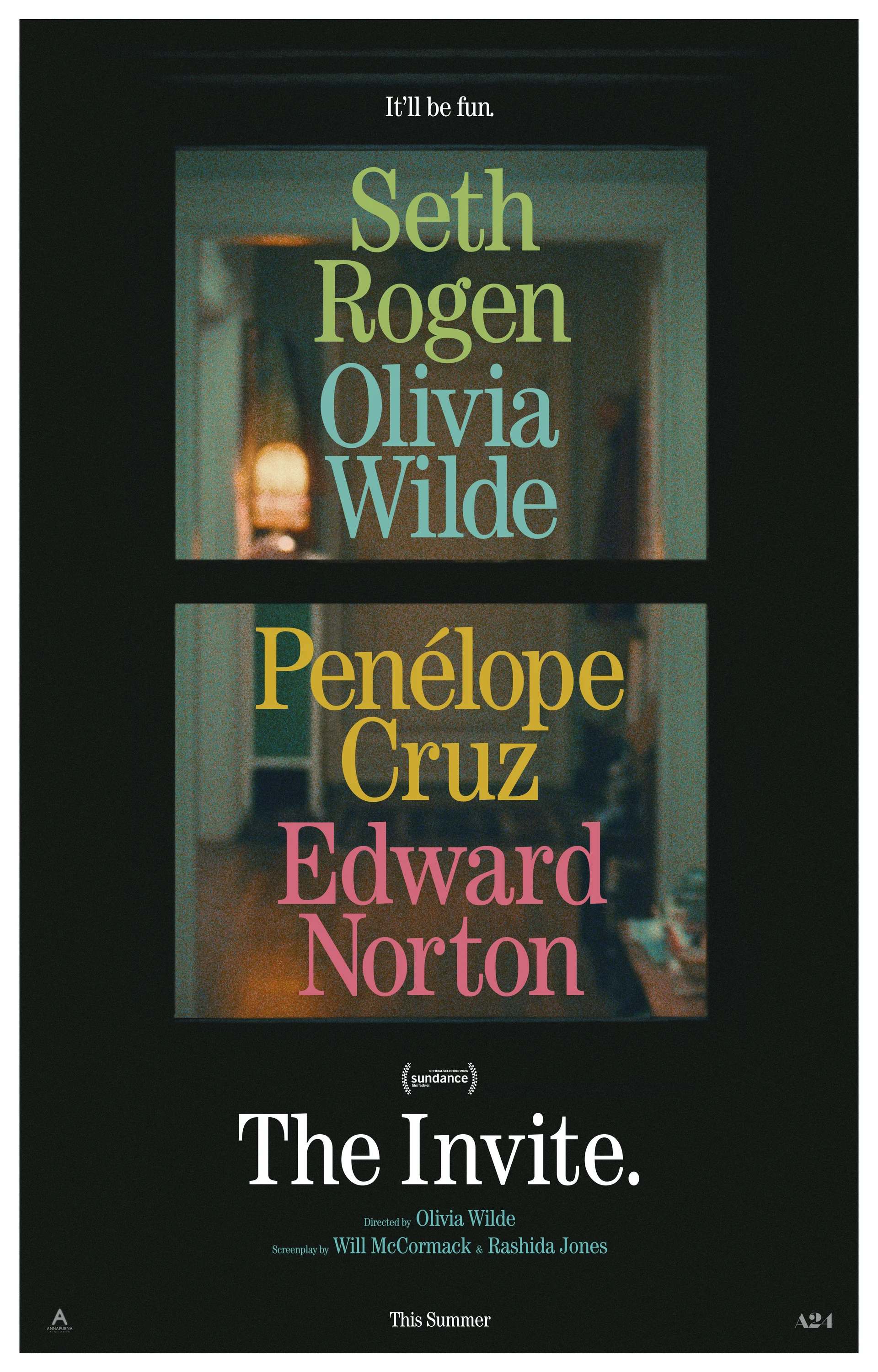 Official The Invite poster with the four lead actors’ names on an apartment window.