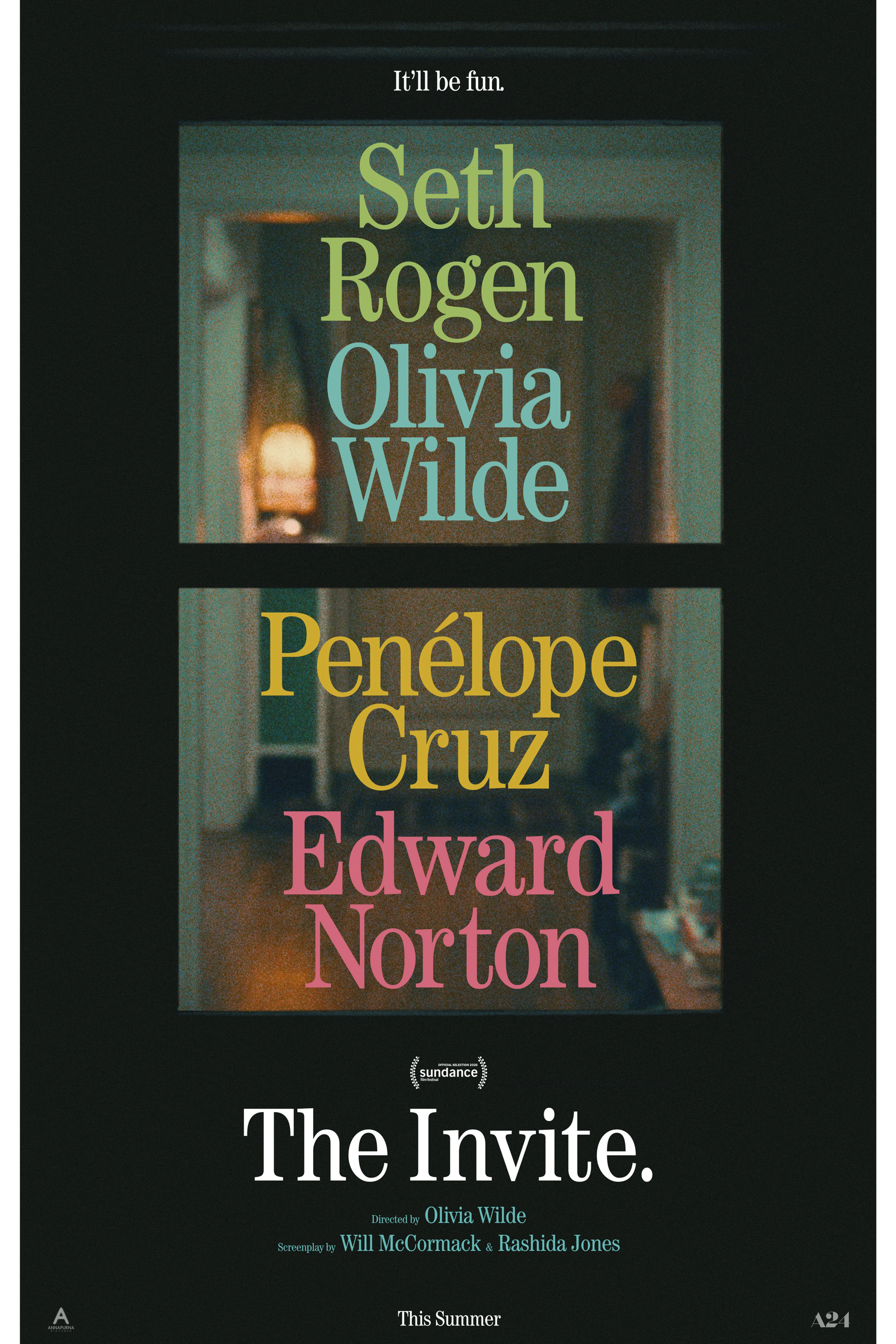 Official The Invite poster with the four lead actors’ names on an apartment window.