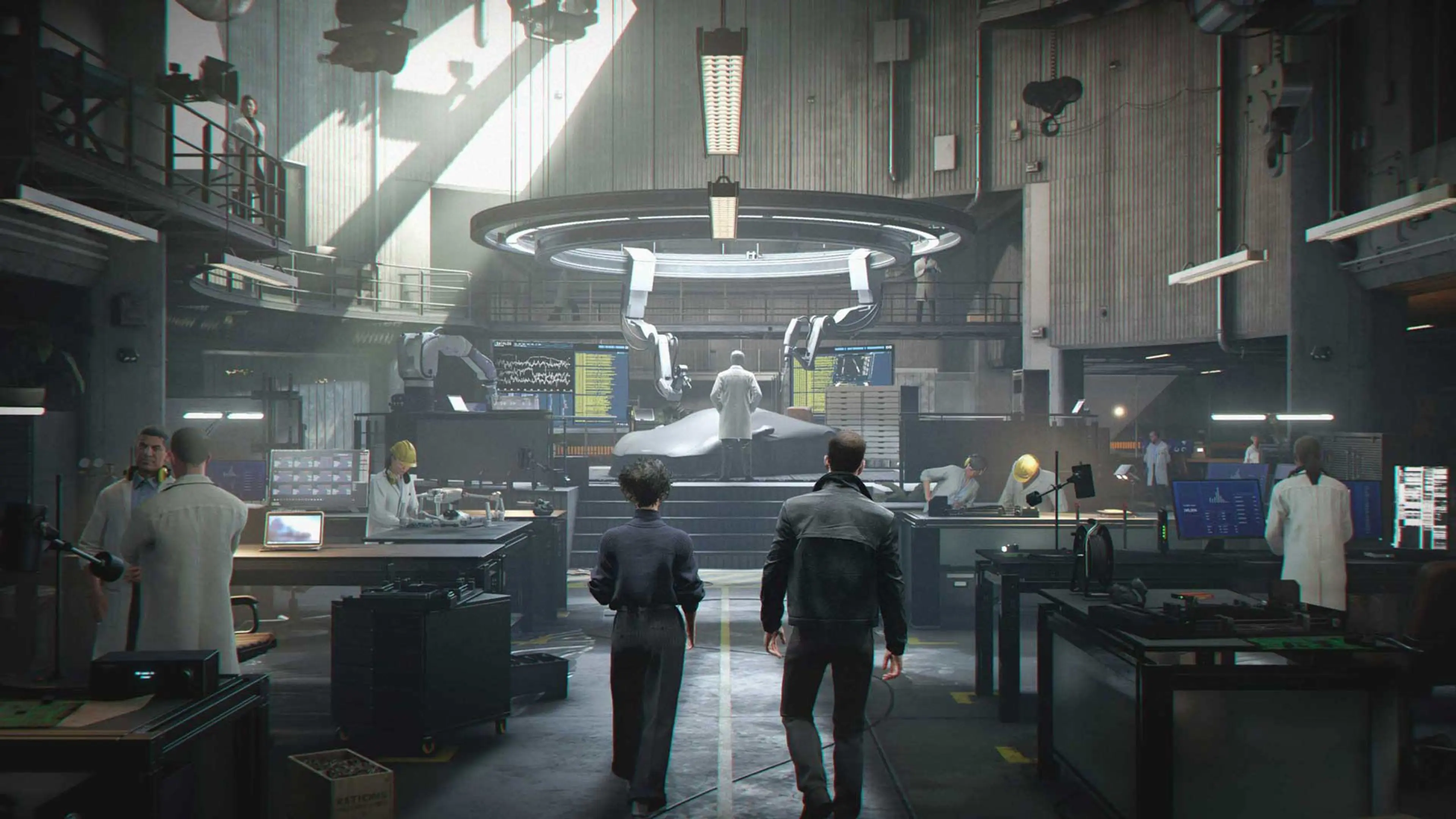 Bond walks with a colleague through a spacious equipment laboratory at MI6.