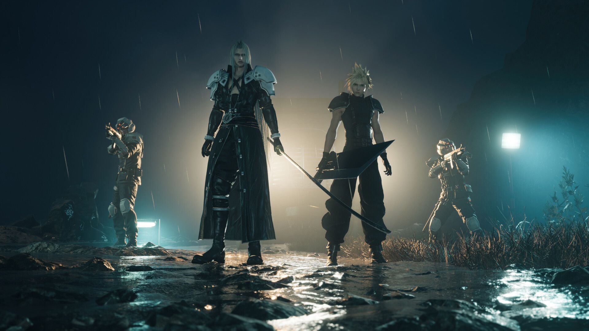 Cloud and Sephiroth stand in a dark, rain-soaked scene.