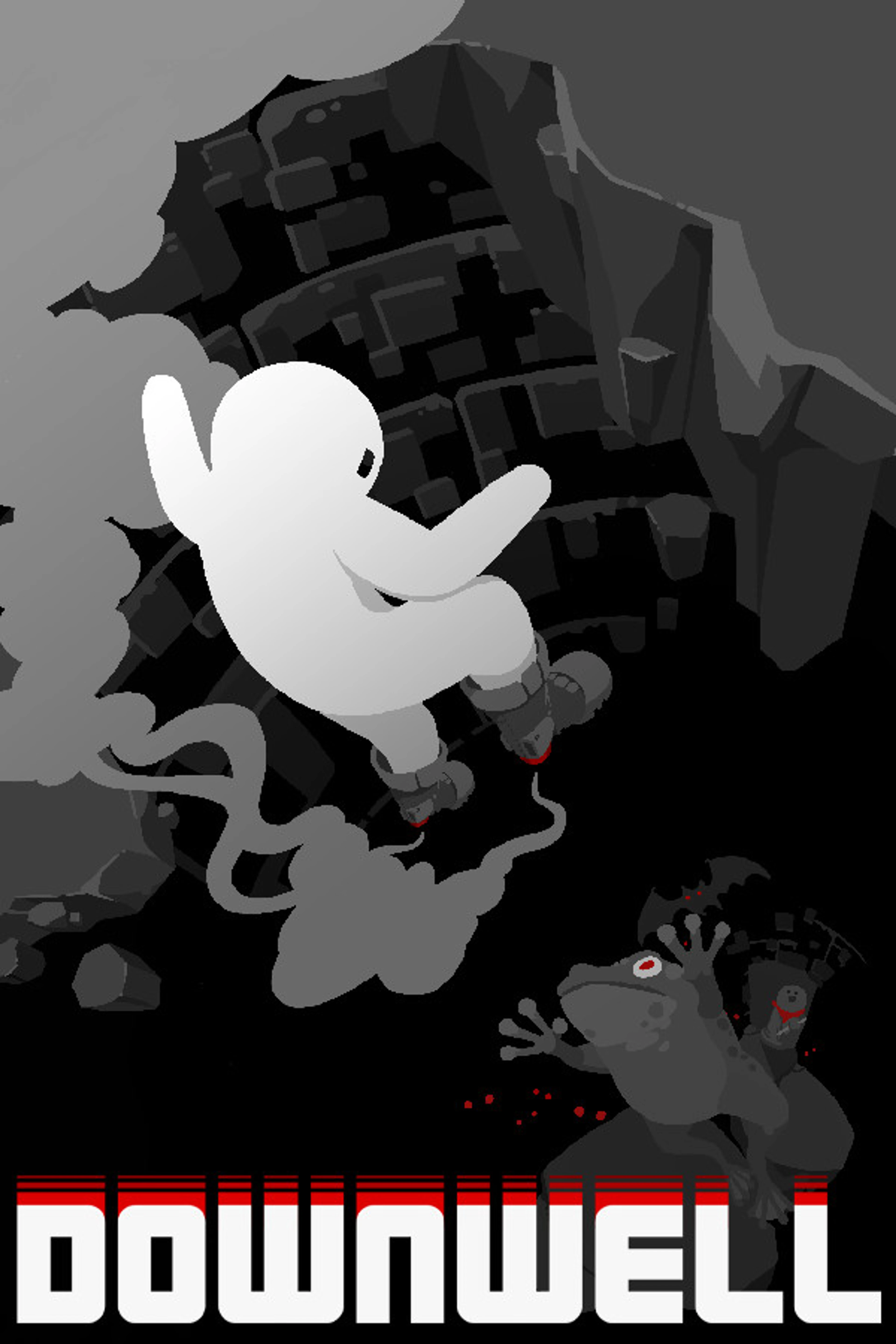 Official Downwell vertical poster with a white figure falling down a dark well above the native block-letter game logo.
