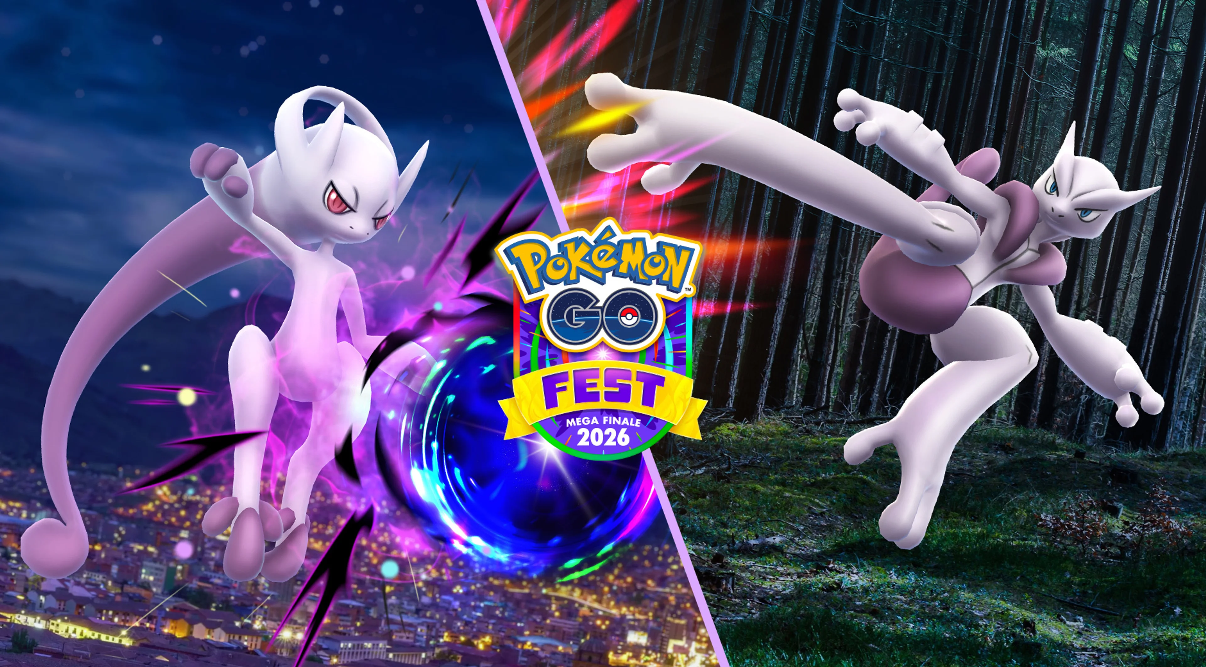 Mega Mewtwo X and Mega Mewtwo Y face each other across a glowing portal in Pokémon GO Fest 2026 artwork.