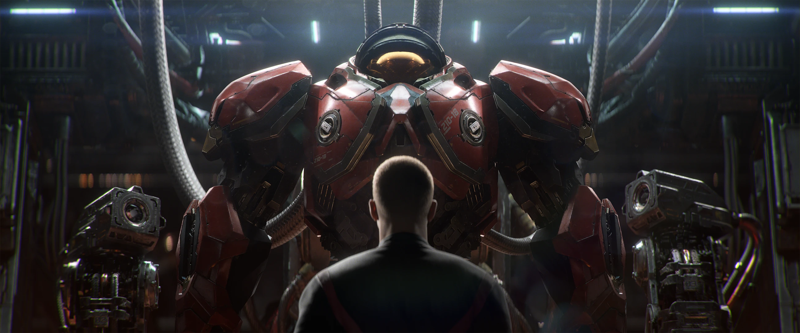 A Dominion recruit stands in front of red powered armor in the new StarCraft cinematic.