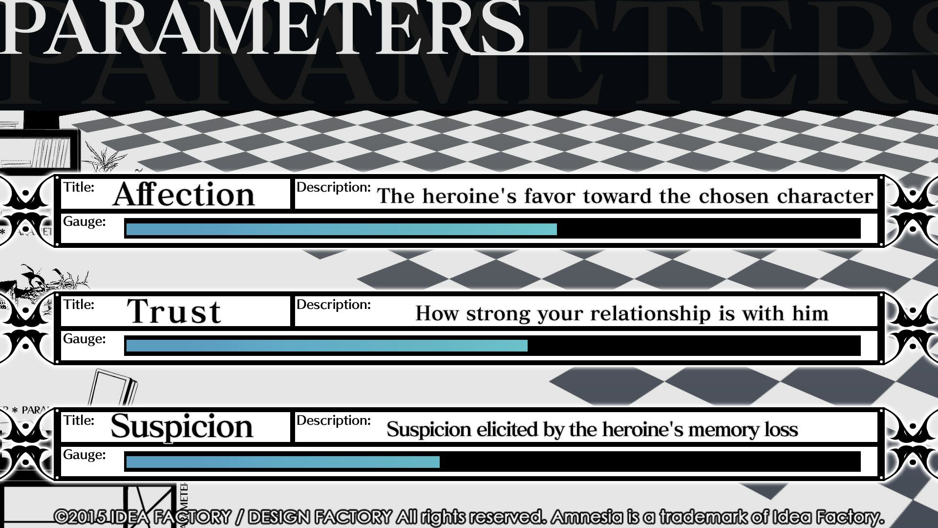 The Parameters screen shows affection, trust and suspicion in Amnesia: Memories.