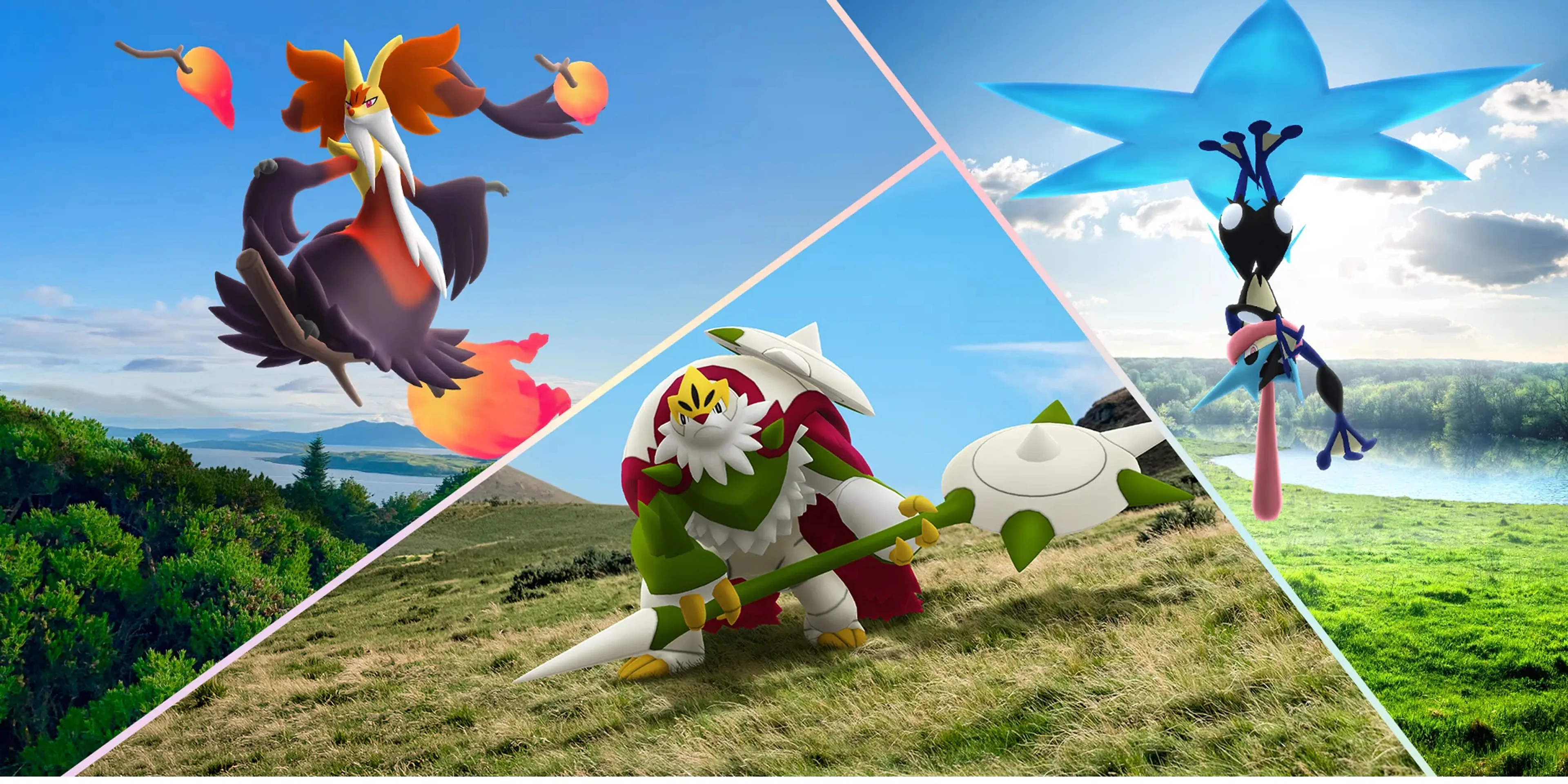Mega Delphox, Mega Chesnaught, and Mega Greninja pose across three landscapes in Pokémon GO.