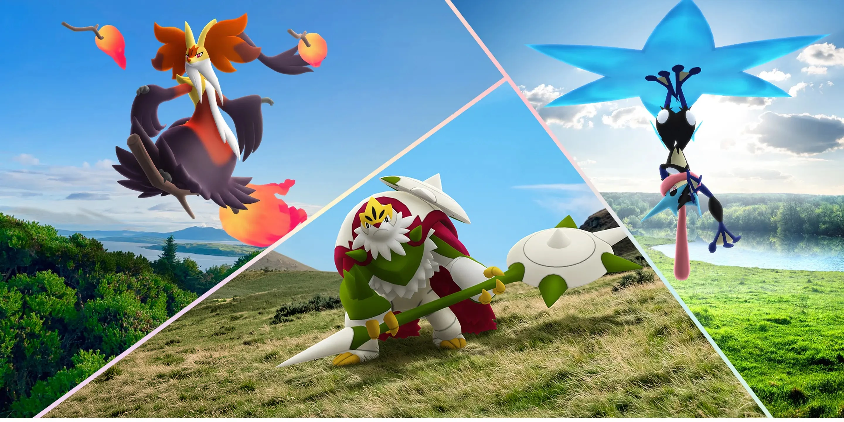 Mega Delphox, Mega Chesnaught, and Mega Greninja pose across three landscapes in Pokémon GO.