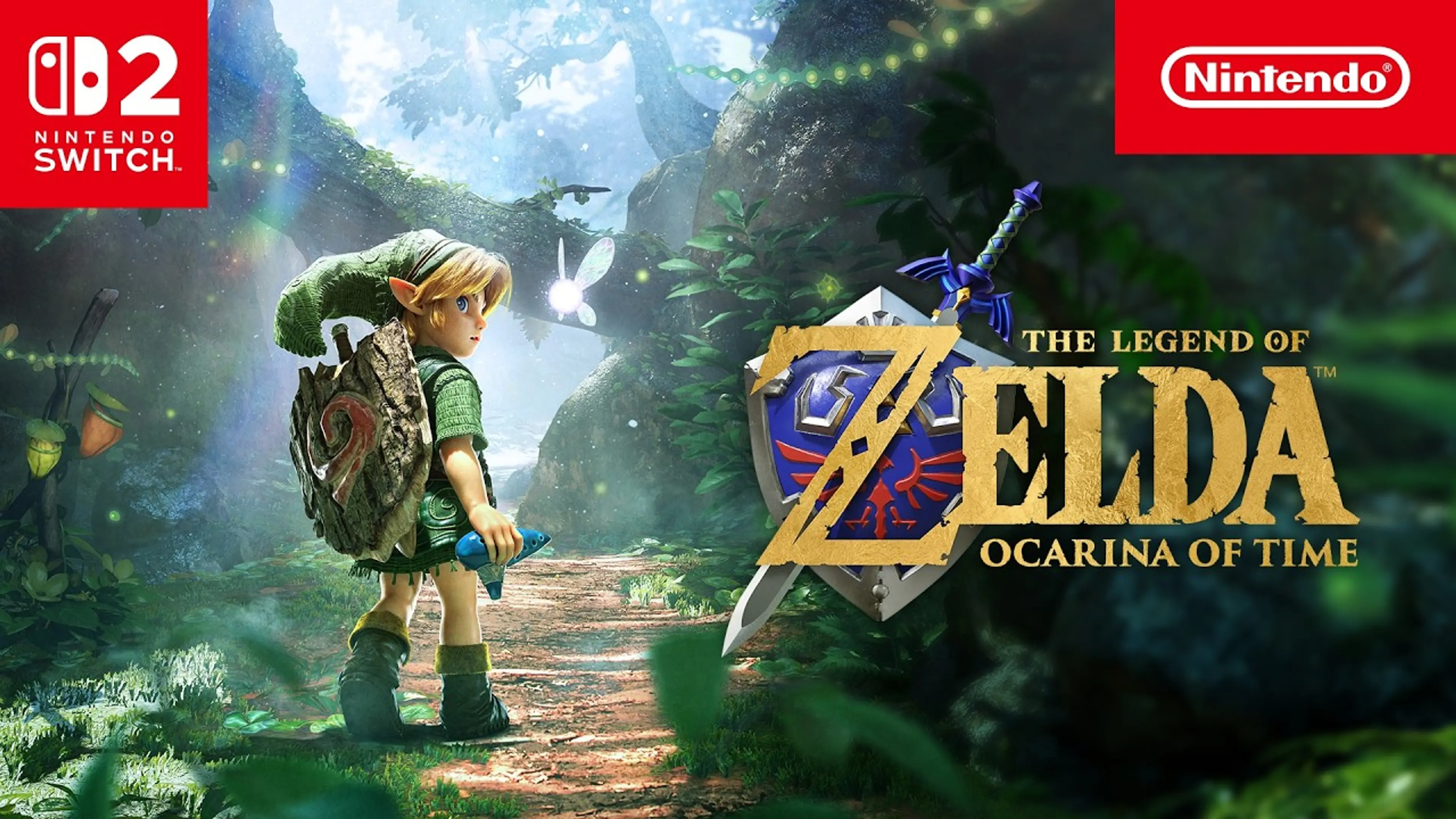 Link rides Epona across Hyrule beside the Ocarina of Time logo for Nintendo Switch 2.