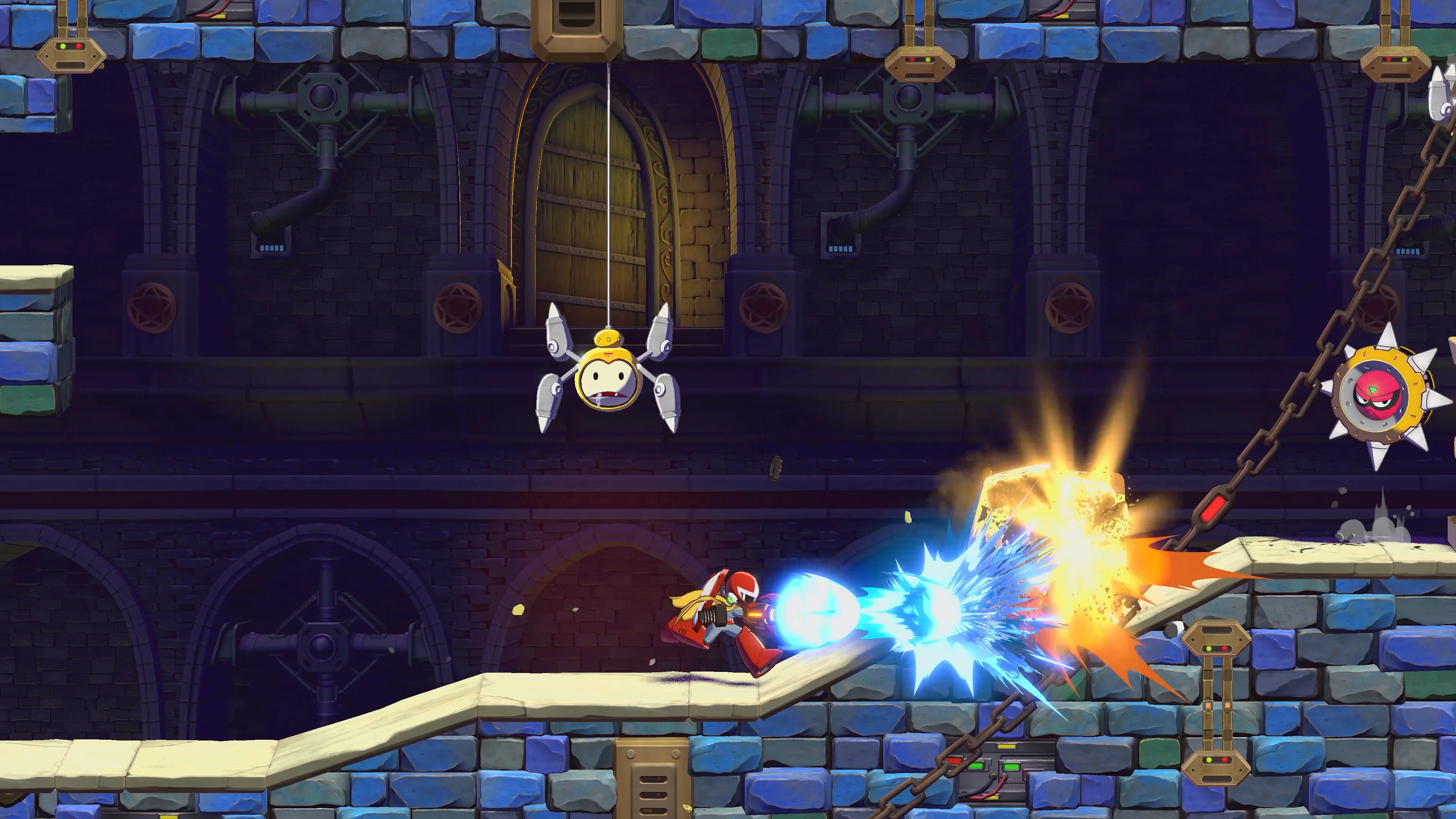 Proto Man fires at an enemy during a side-scrolling stage.