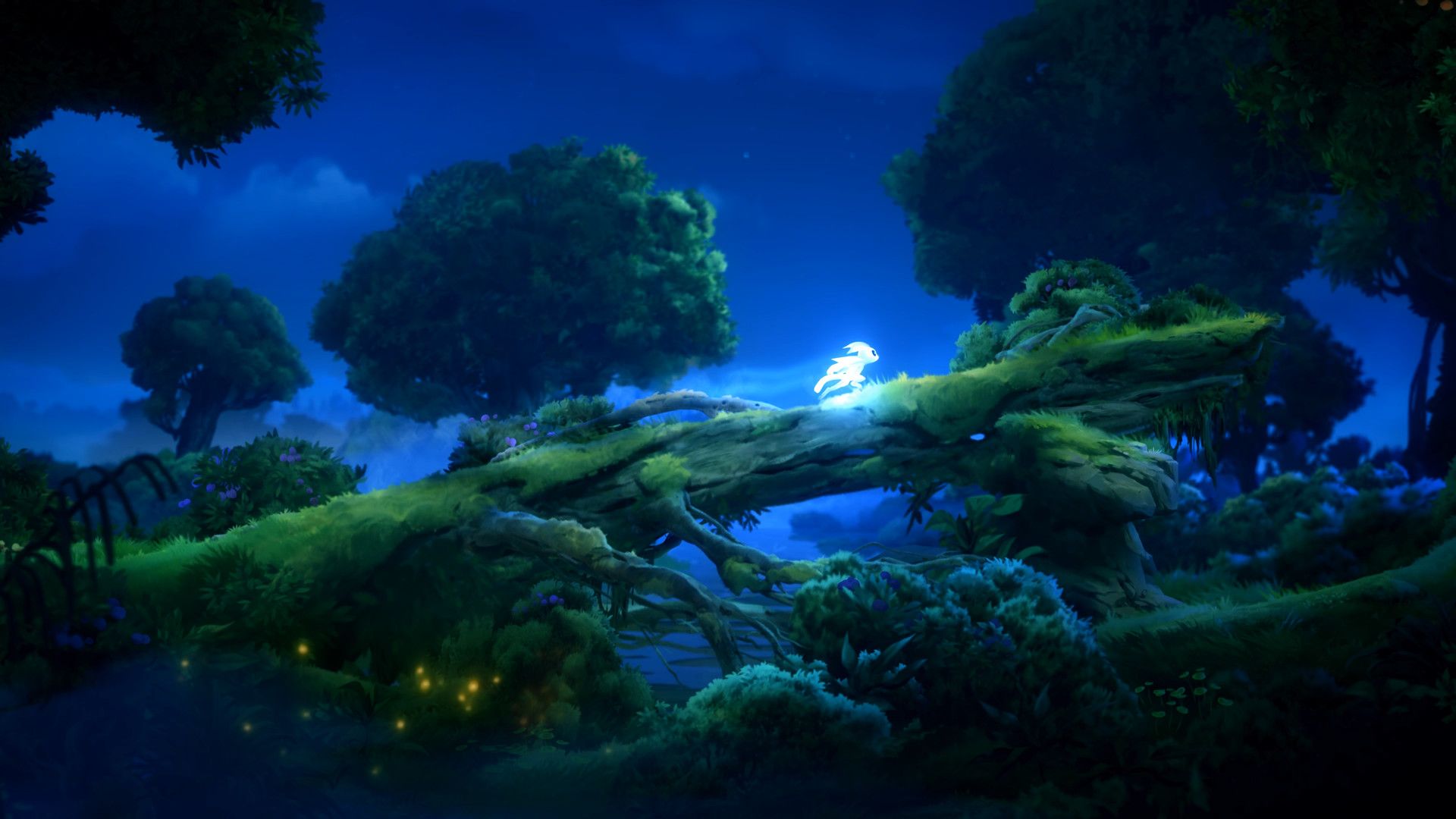 Ori runs along a mossy branch in a blue forest.