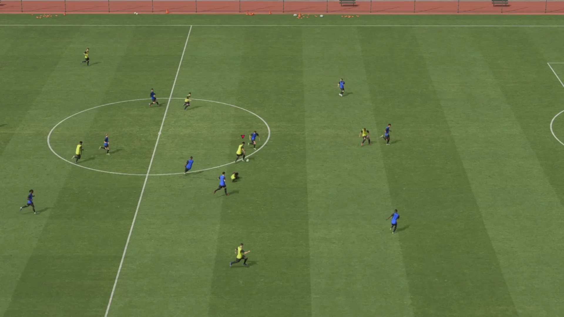 Players in yellow training bibs face blue-shirted teammates in an FC 27 Career Mode practice match.