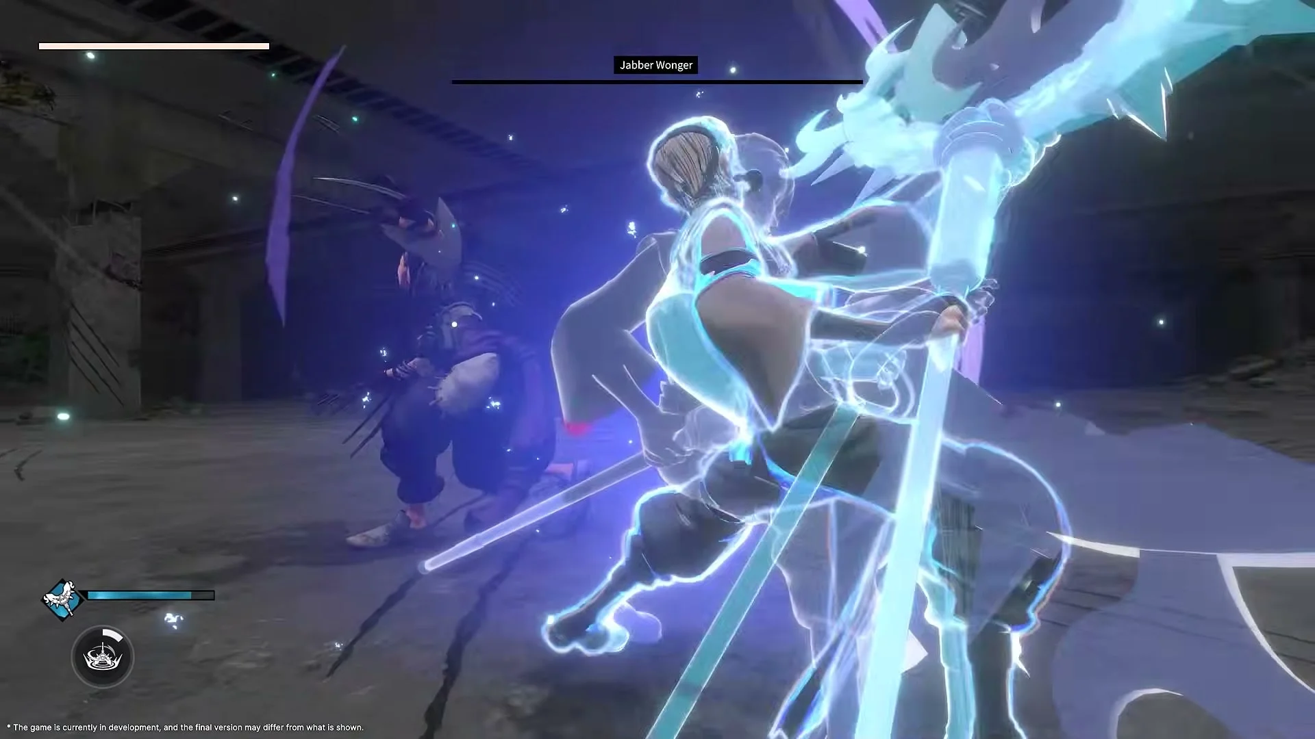 Two fighters clash in a ruined arena as a bright blue attack fills the foreground.