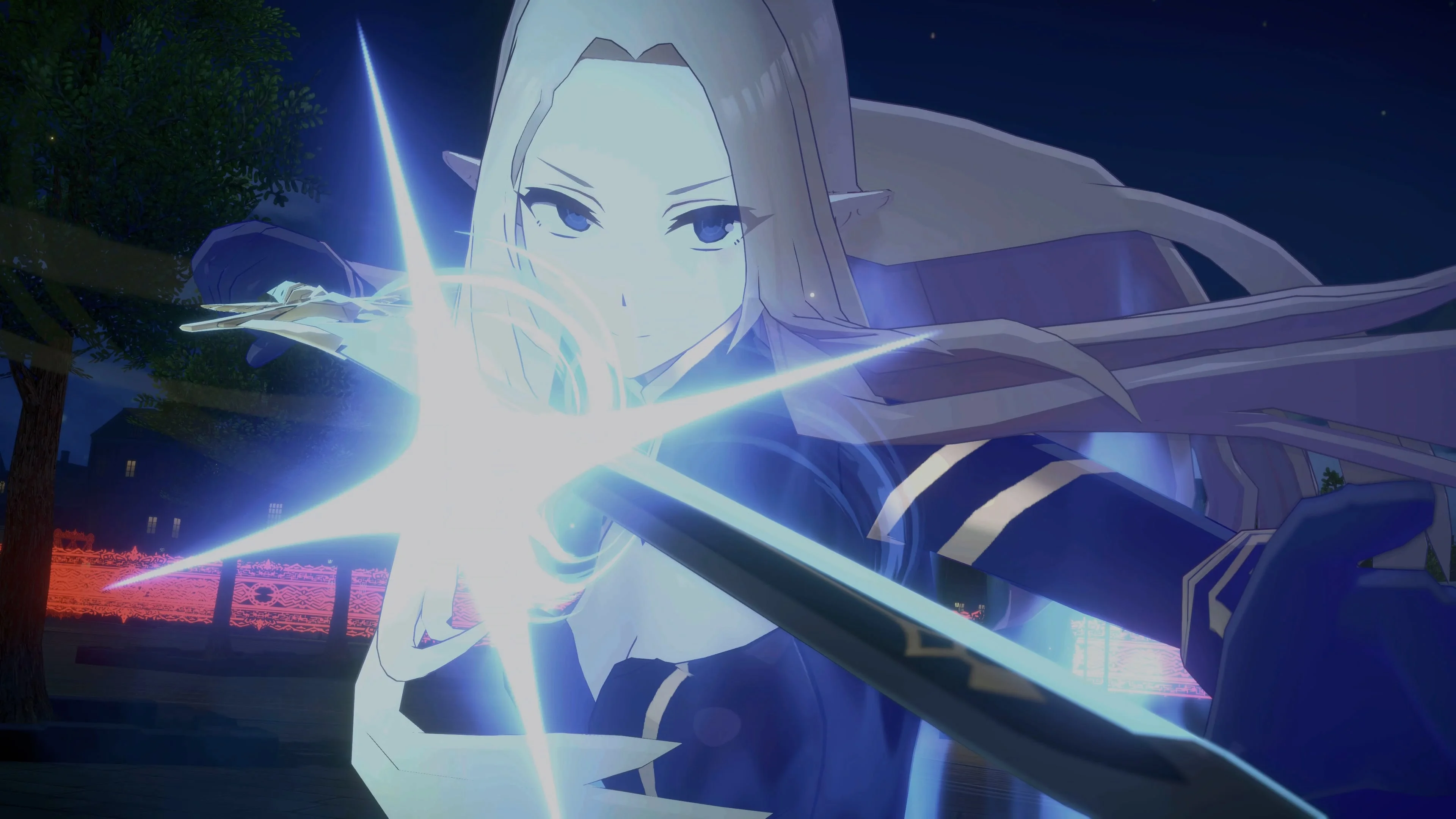 A blonde fighter draws a glowing blue blade during a Phantom Echoes special move.