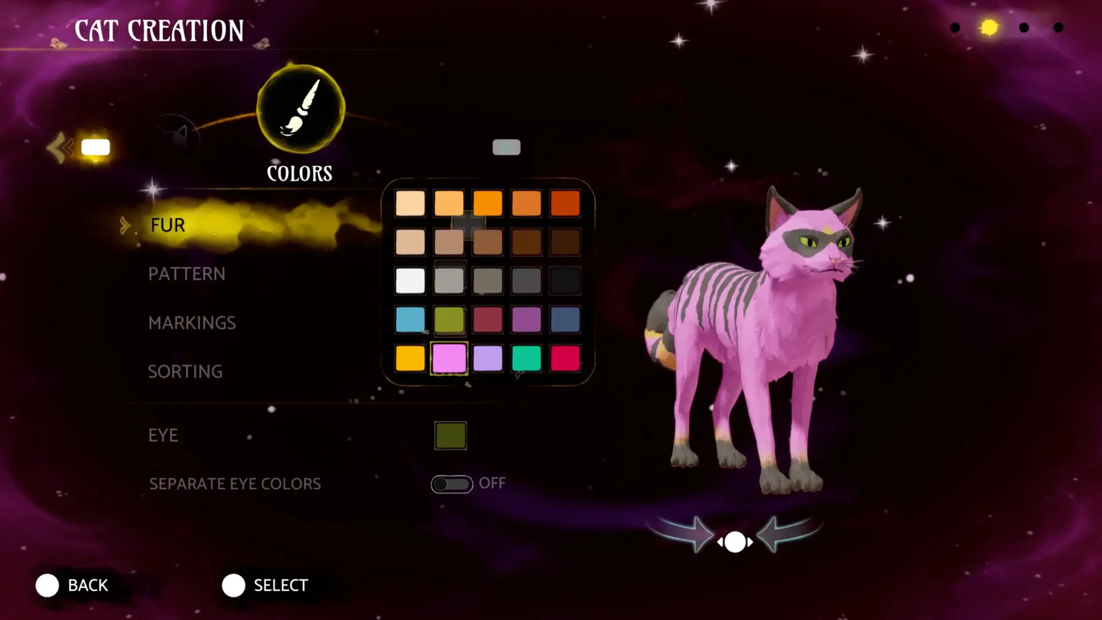 A bright pink customized warrior cat stands beside fur-color choices in the cat creator.