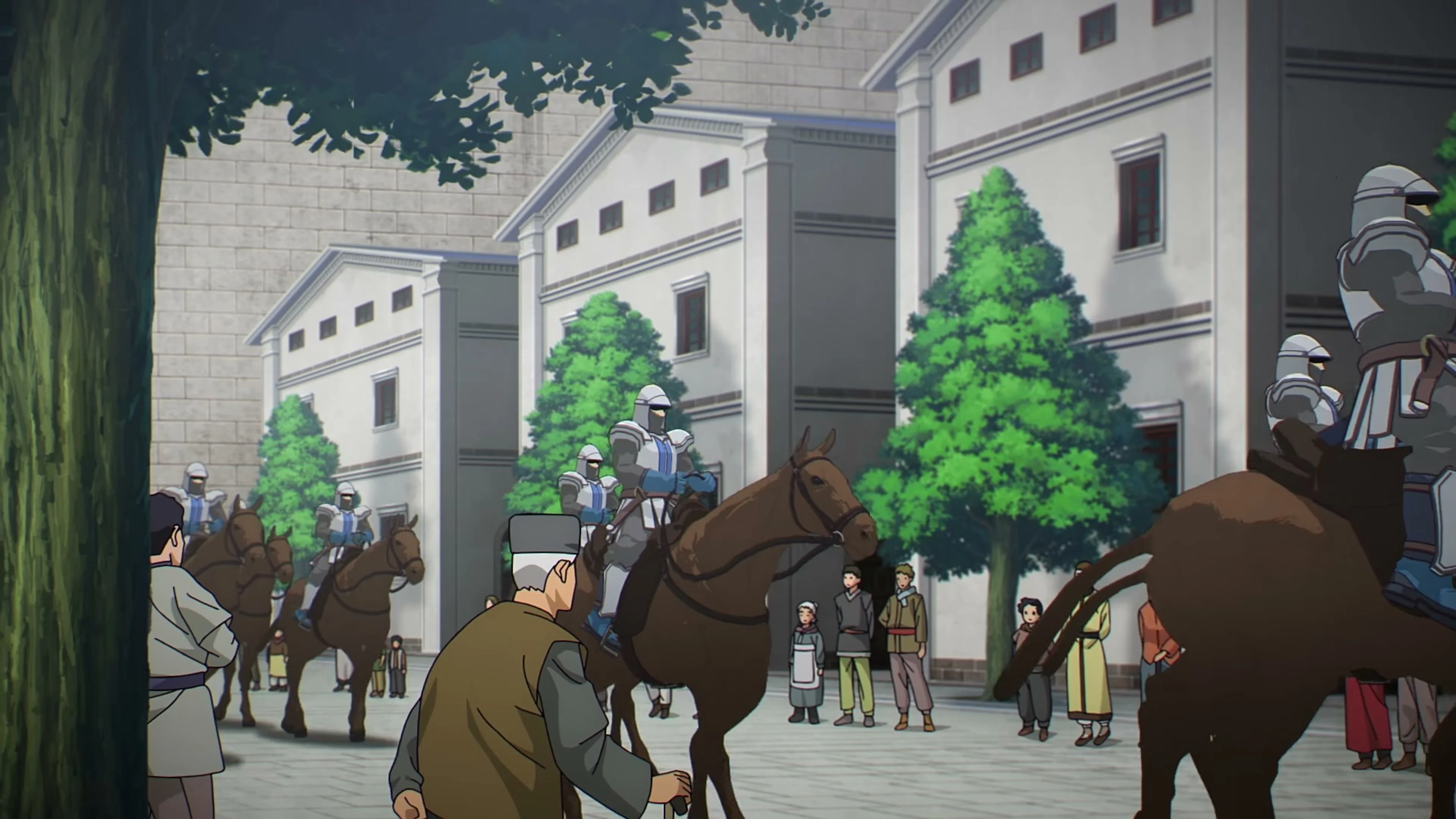 Mounted soldiers move through a town in Suikoden: The Anime.