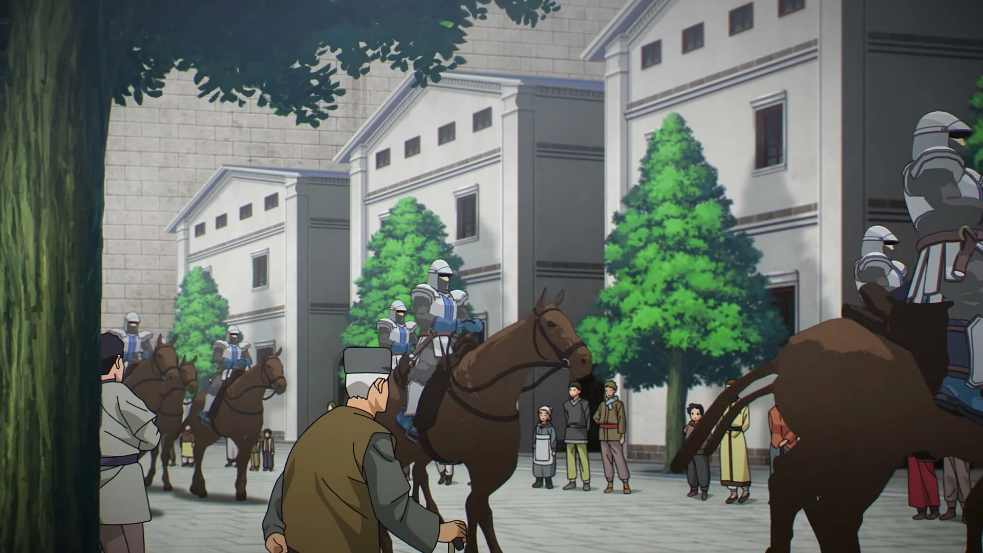 Mounted soldiers move through a town in Suikoden: The Anime.