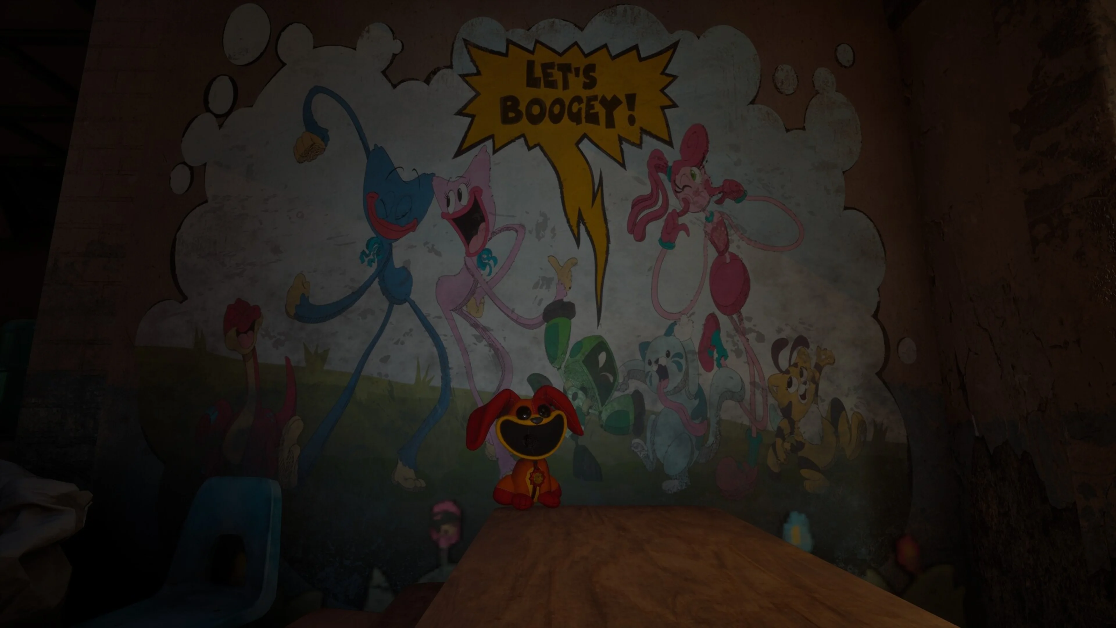 A Smiling Critter stands in front of a faded Playtime Co. character mural in Escape From Playtime.