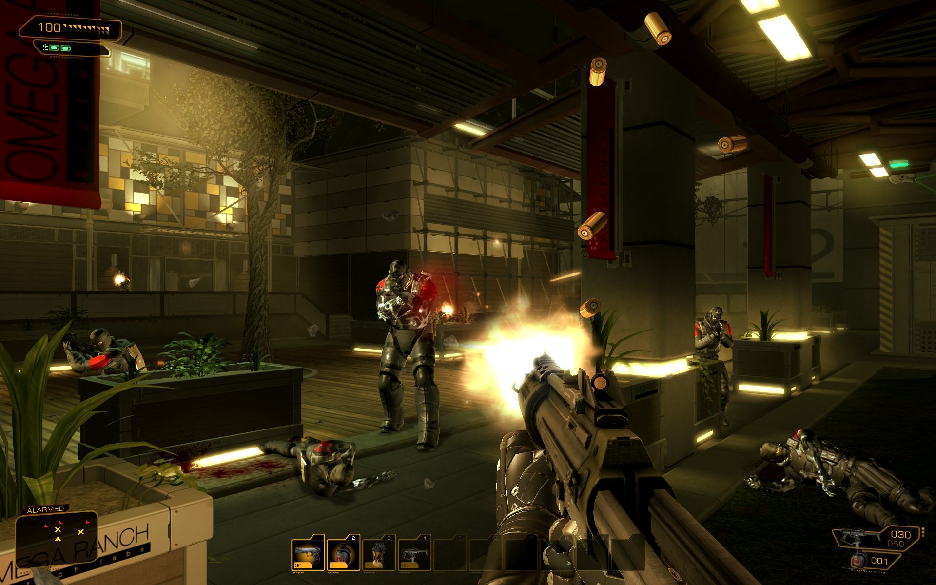 First-person Deus Ex: Human Revolution firefight with the health display, radar, equipment bar and weapon ammunition visible.