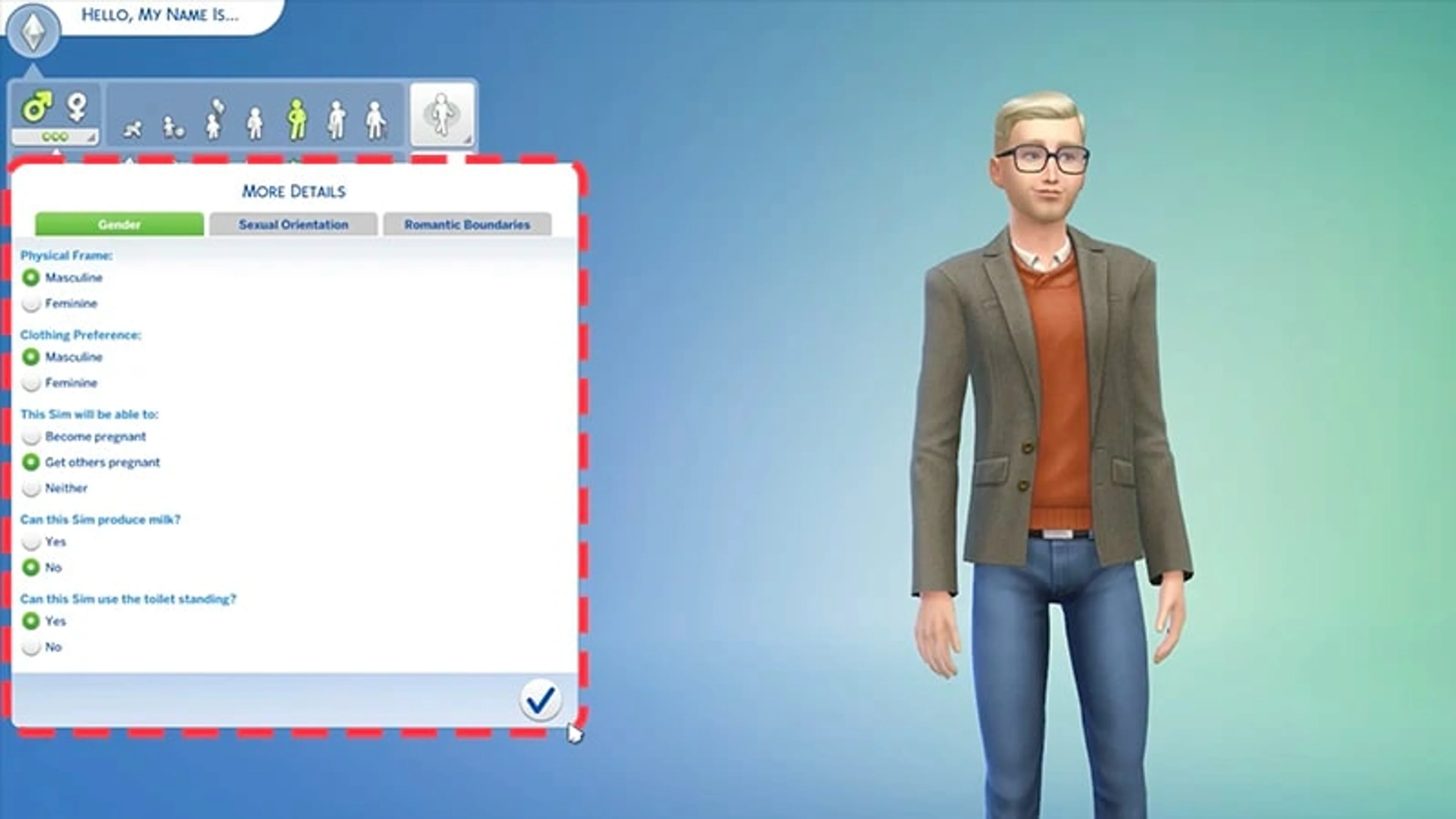 Official EA screenshot of the Create a Sim Gender tab and its five options.