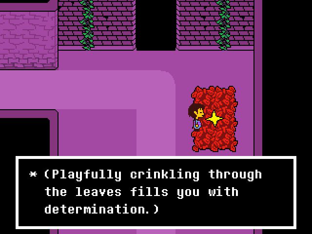 The human stands beside a red leaf pile and a save-point star in purple ruins.