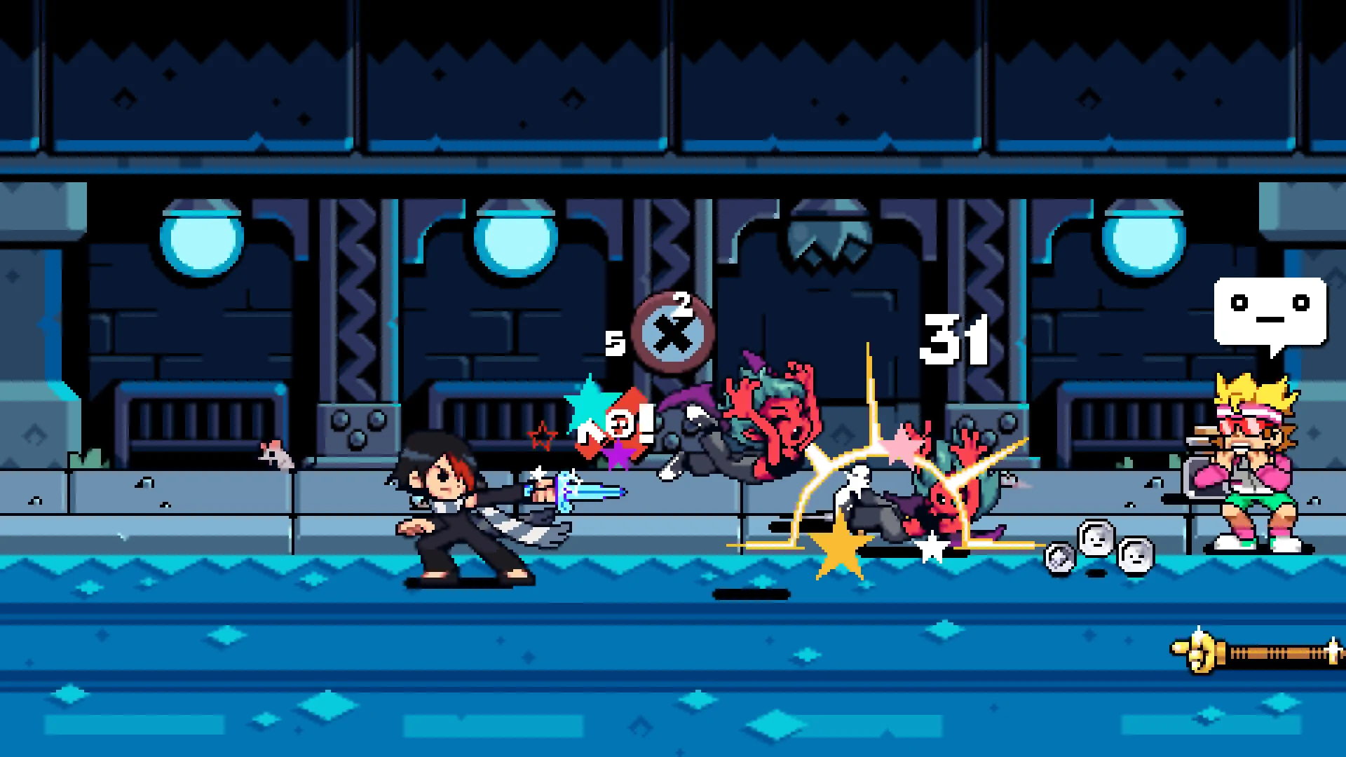 Knives Chau dashes through enemies with a fast attack in Scott Pilgrim EX.