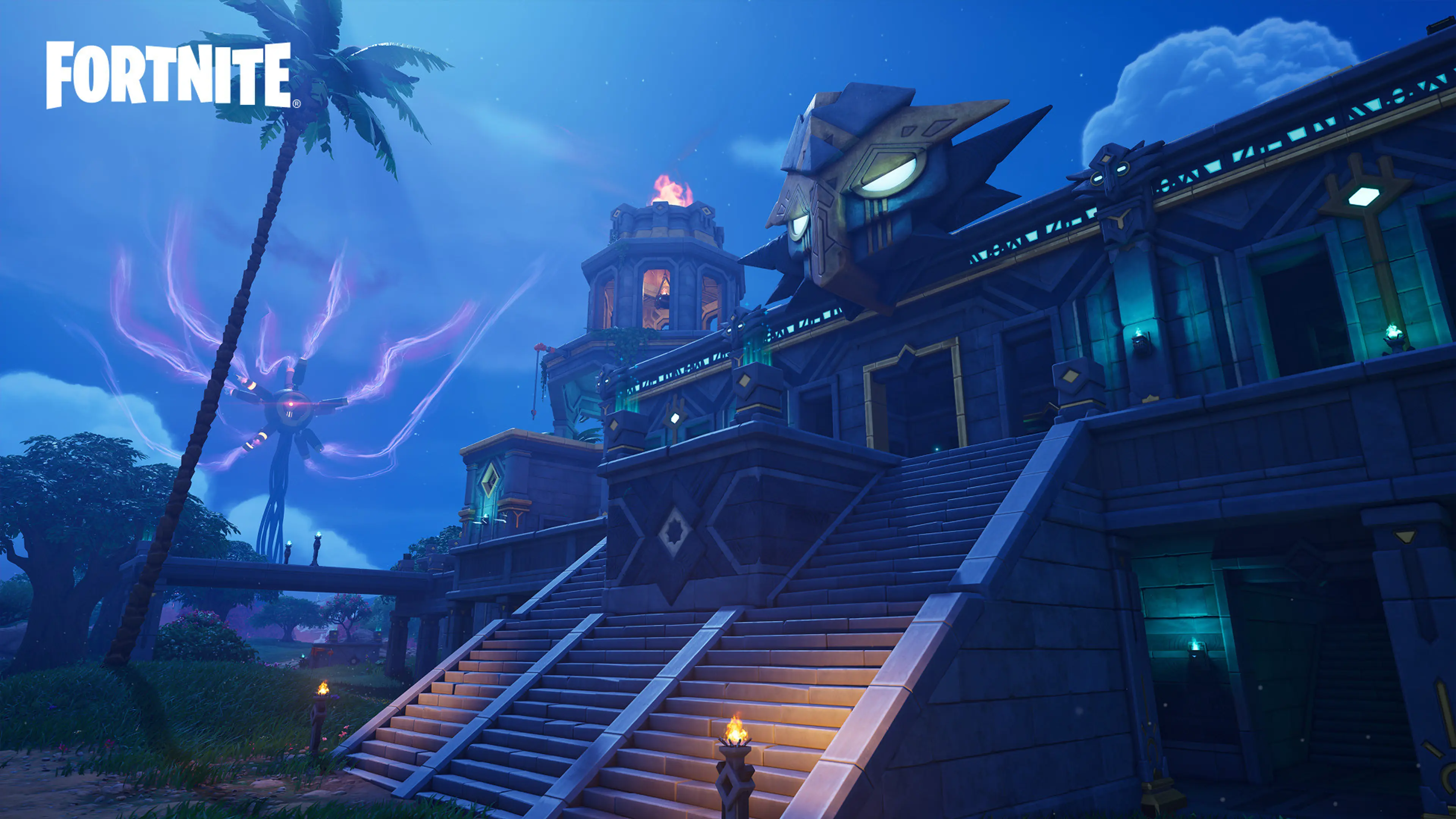 Purple storm clouds gather over a dark Fortnite estate at night.
