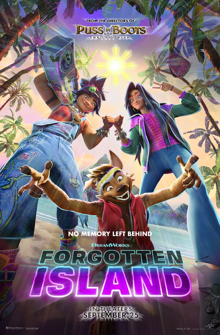 Official Forgotten Island theatrical poster showing Jo, Raissa and Raww beneath the film title.