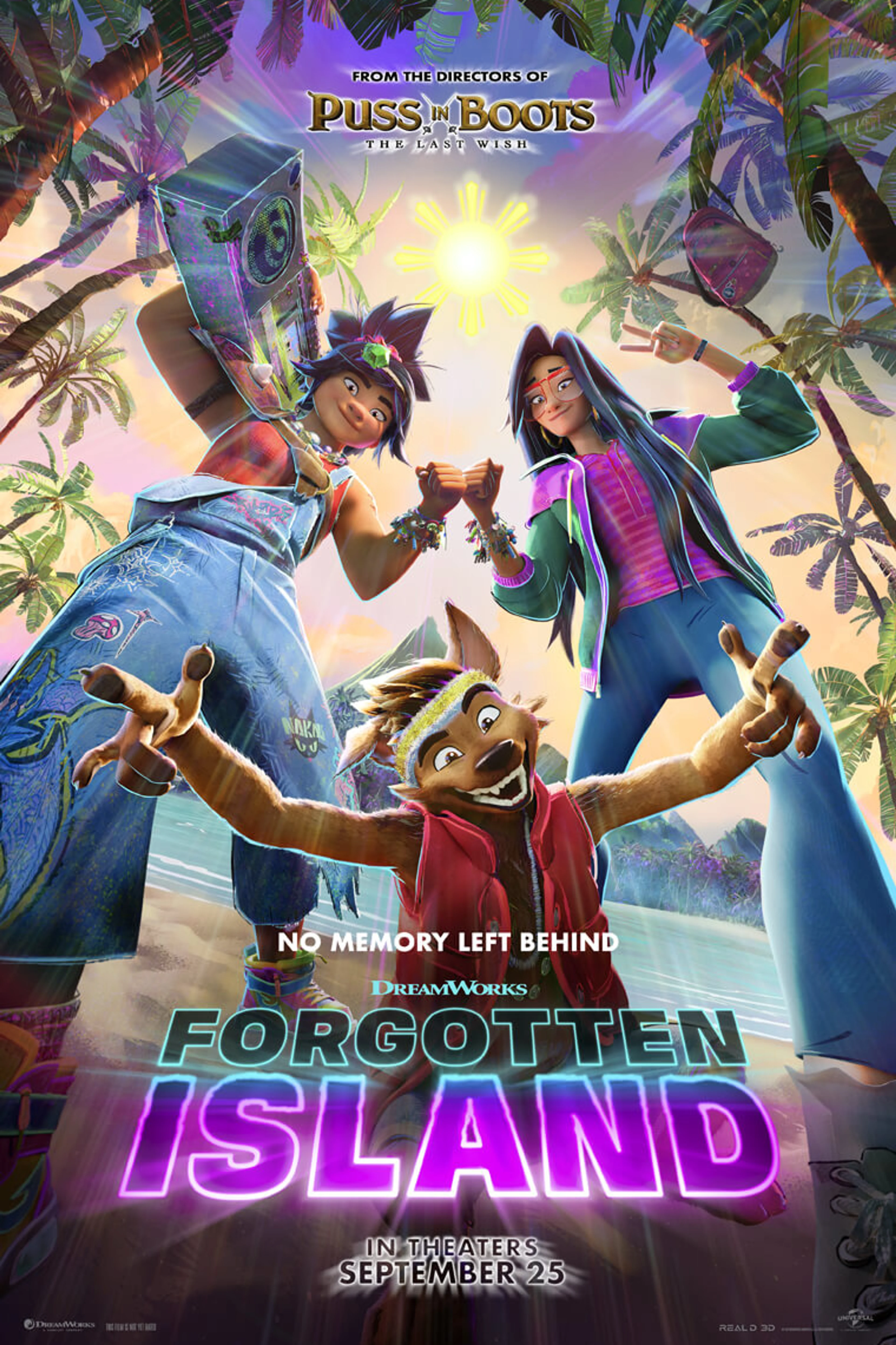 Official Forgotten Island theatrical poster showing Jo, Raissa and Raww beneath the film title.