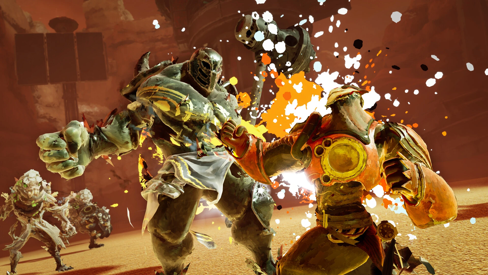 Victus punches an armored enemy in Elta: Defy All Gods.