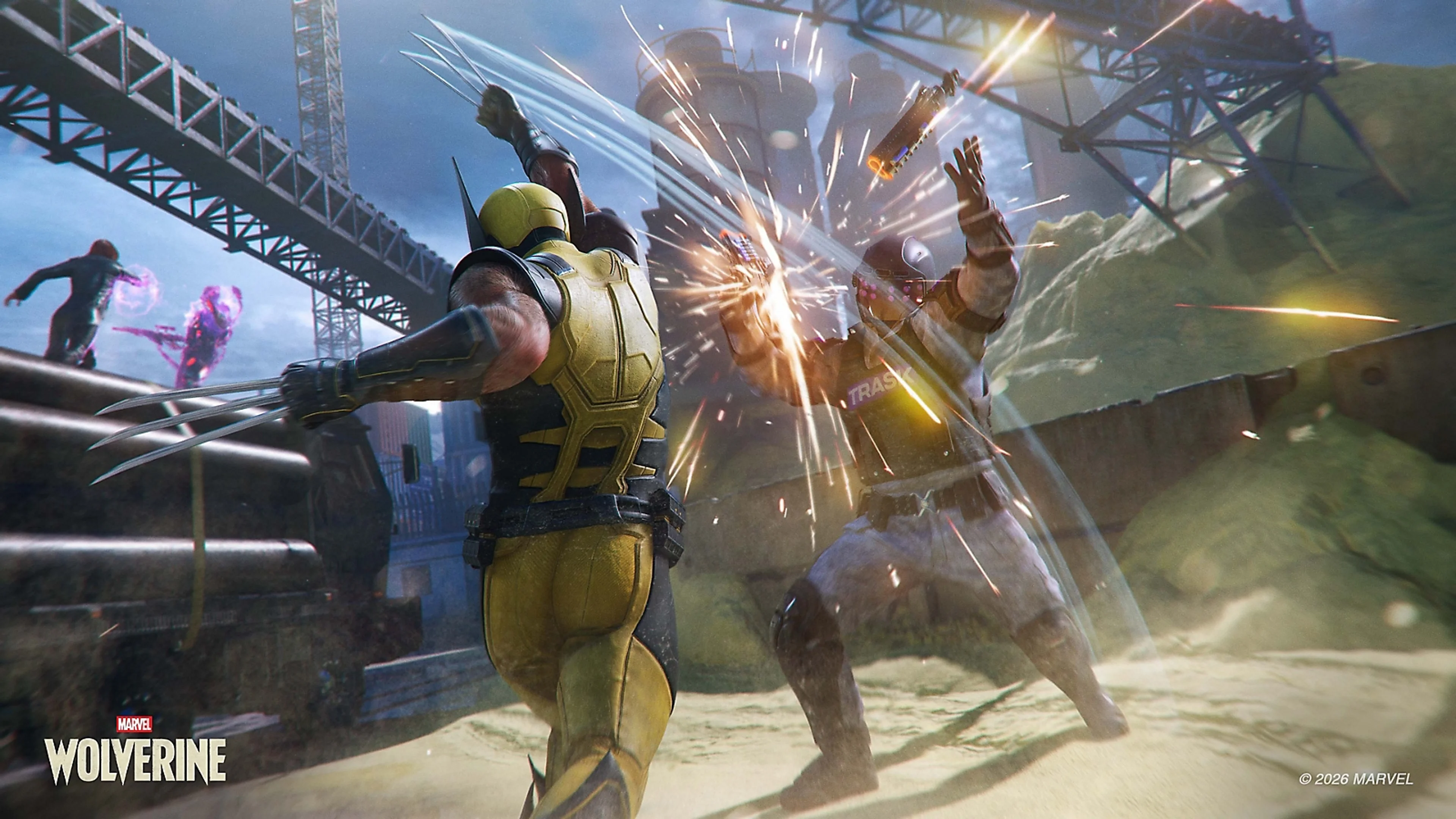 Wolverine attacks an armored enemy in a city battle in Marvel’s Wolverine.