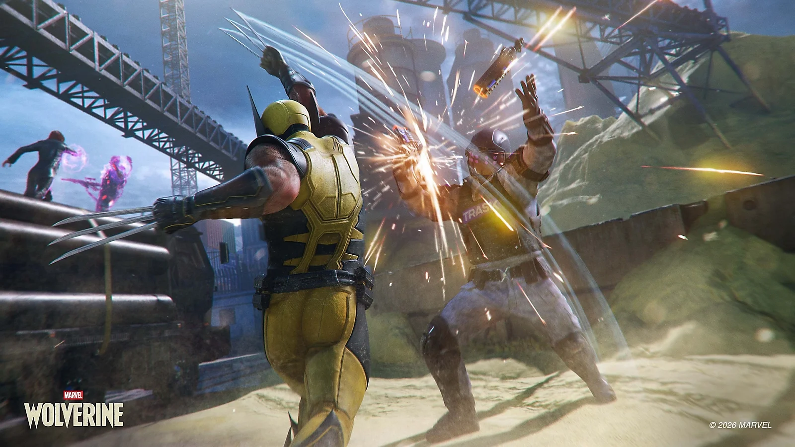 Wolverine attacks an armored enemy in a city battle in Marvel’s Wolverine.