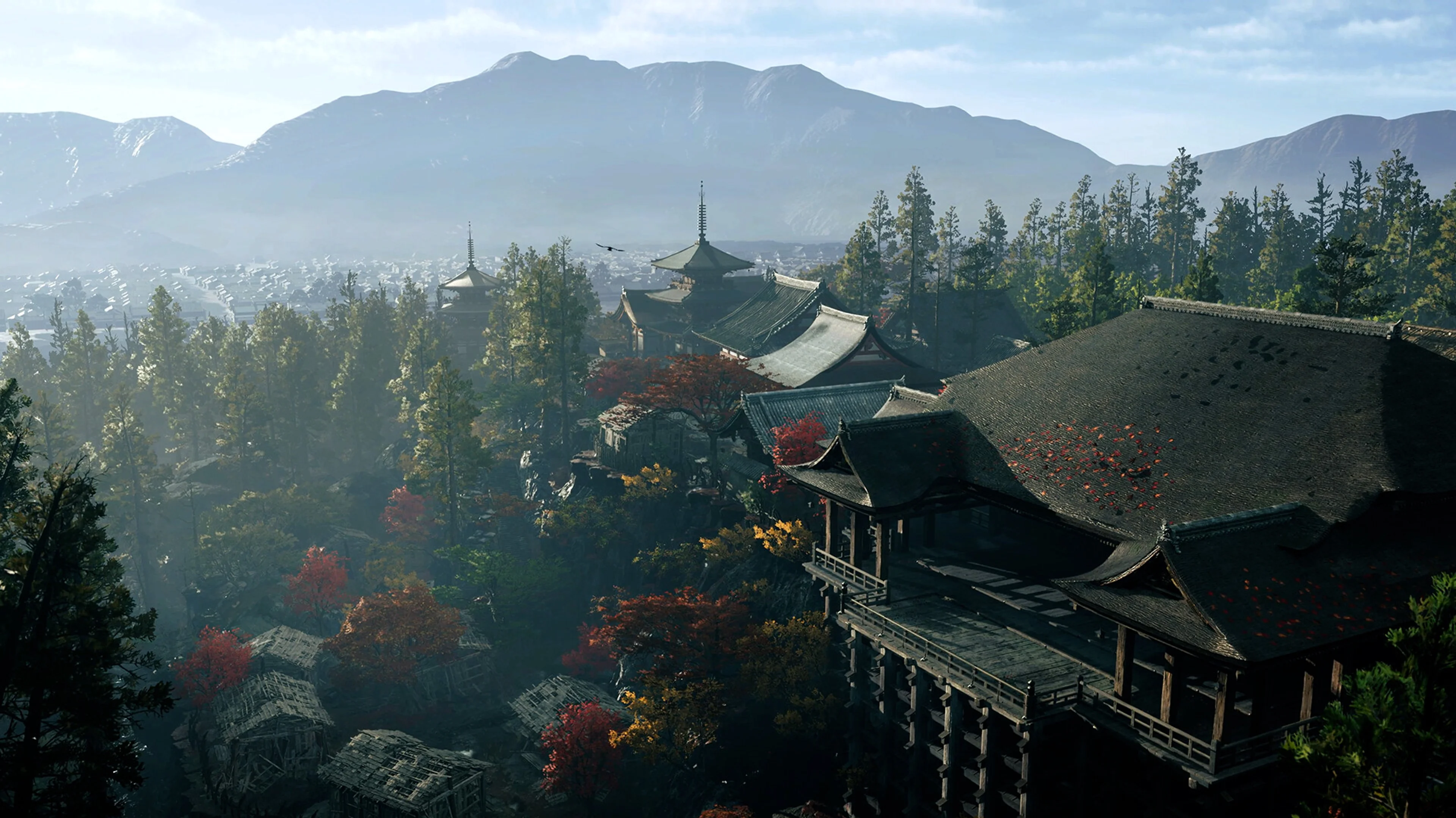 Miyamoto Musashi approaches a temple district in early Edo-period Kyoto in Onimusha: Way of the Sword.