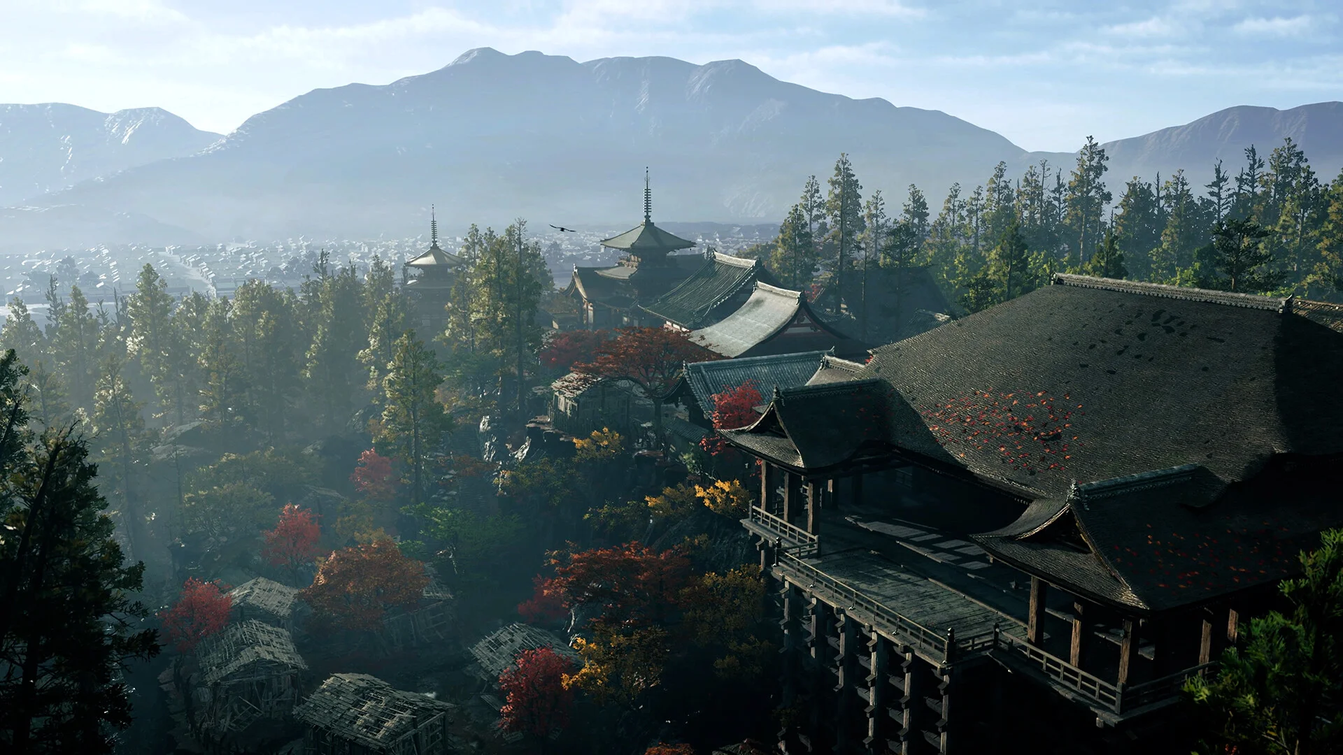 Miyamoto Musashi approaches a temple district in early Edo-period Kyoto in Onimusha: Way of the Sword.