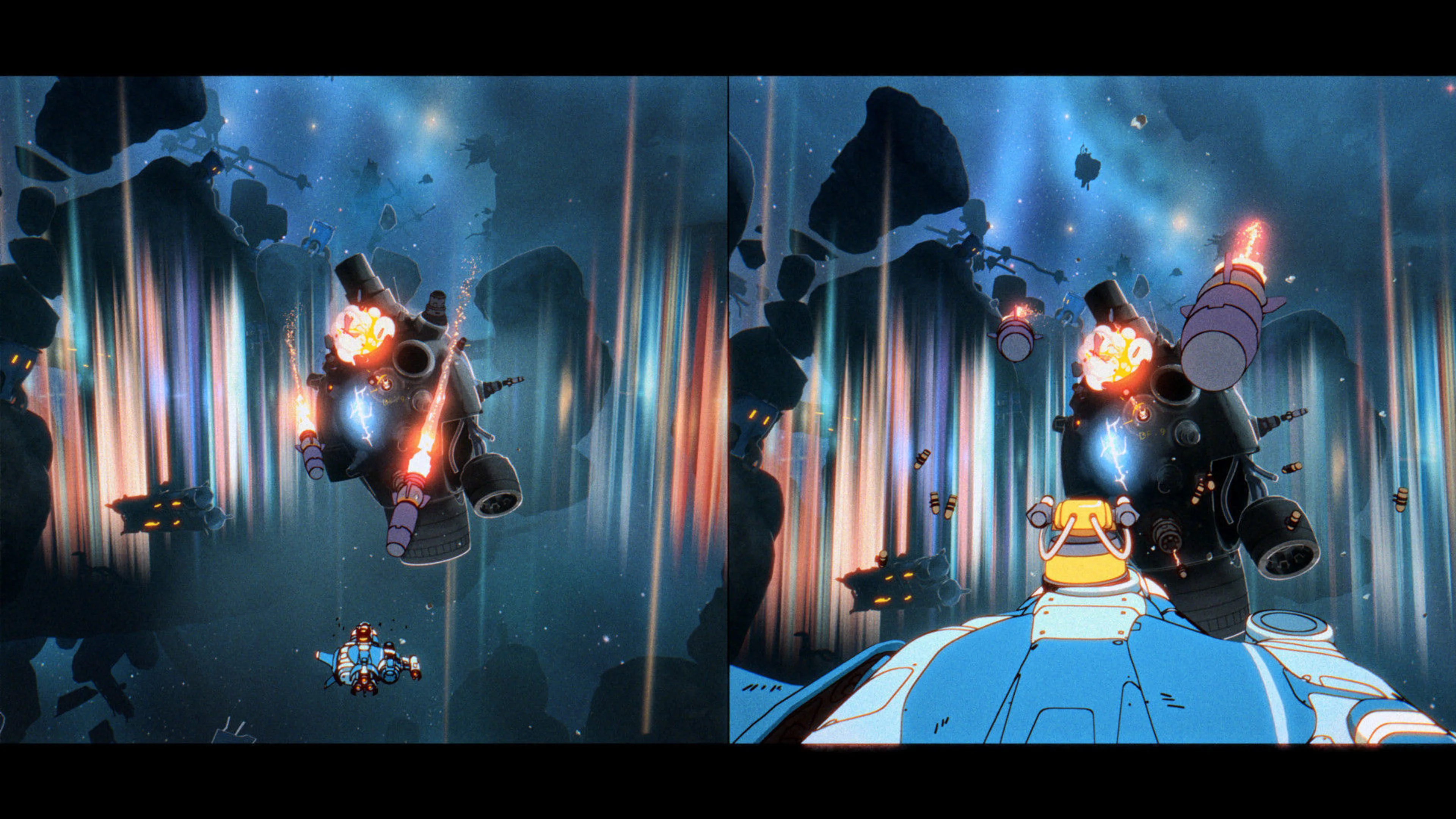 Separate player views show a colorful two-player encounter in Orbitals.